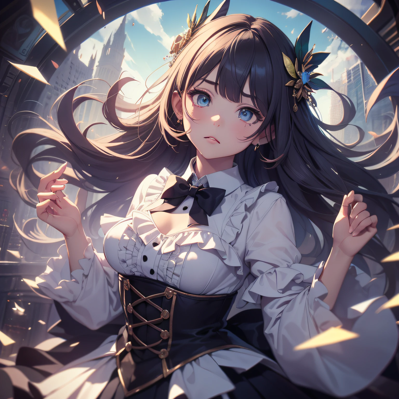 ((illustration)), ((floating hair)), ((chromatic aberration)), ((caustic)), lens flare, dynamic angle, ((portrait)), (1 girl), ((solo)), cute face, ((hidden hands)), asymmetrical bangs, (beautiful detailed eyes), eye shadow, ((huge clocks)), ((glass strips)), (floating glass fragments), ((colorful refraction)), (beautiful detailed sky), ((dark intense shadows)), ((cinematic lighting)), ((overexposure)), (expressionless), blank stare, big top sleeves, ((frills)), hair_ornament, ribbons, bowties, buttons, (((small breast))), pleated skirt, ((sharp focus)), ((masterpiece)), (((best quality))), ((extremely detailed)), colorful, hdr