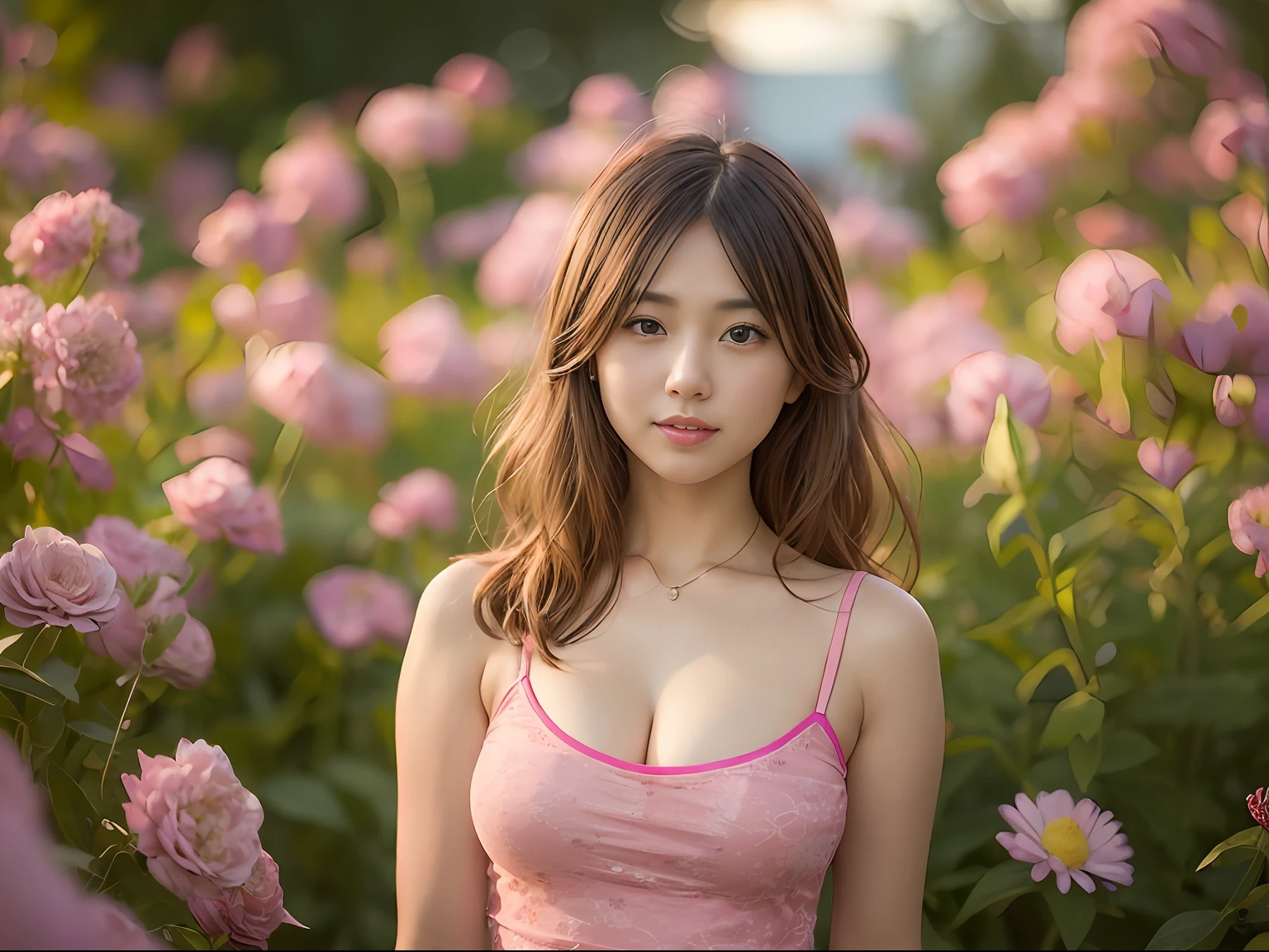 (camisole pink camisole), cleavage, (breast focus), 20yo, (japanese girl), hair scrunchie, in flower garden , smile, sunset, (masterpeace), (low contrast:1.1), (extremely detailed skin), (extremely detailed lip), (best quality:1.0), (ultra highres:1.0) ,(photo realistic:1.2), (ultra detailed:1.0), (8k RAW photo:1.1)