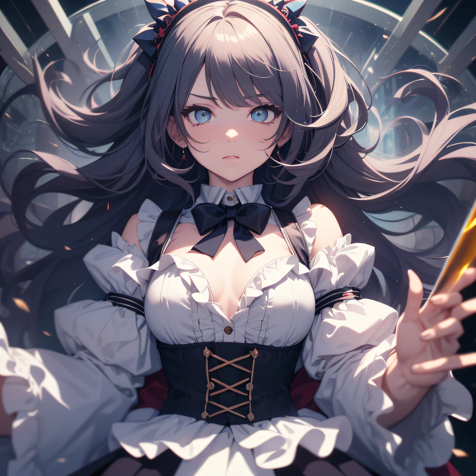 ((illustration)), ((floating hair)), ((chromatic aberration)), ((caustic)), lens flare, dynamic angle, ((portrait)), (1 girl), ((solo)), cute face, ((hidden hands)), asymmetrical bangs, (beautiful detailed eyes), eye shadow, ((huge clocks)), ((glass strips)), (floating glass fragments), ((colorful refraction)), (beautiful detailed sky), ((dark intense shadows)), ((cinematic lighting)), ((overexposure)), (expressionless), blank stare, big top sleeves, ((frills)), hair_ornament, ribbons, bowties, buttons, (((small breast))), pleated skirt, ((sharp focus)), ((masterpiece)), (((best quality))), ((extremely detailed)), colorful, hdr