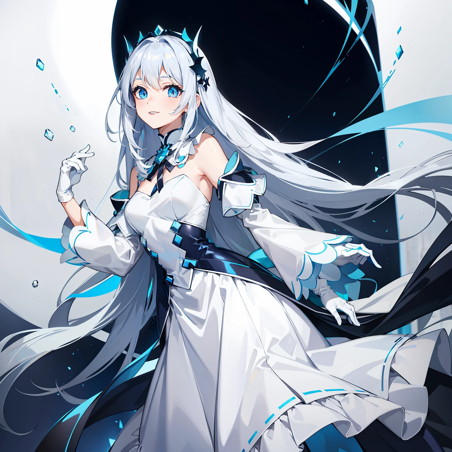 blue color eyes，silver-white long hair， head gear，Dark blue gradient long skirt safety pants，White gloves，An idol smile