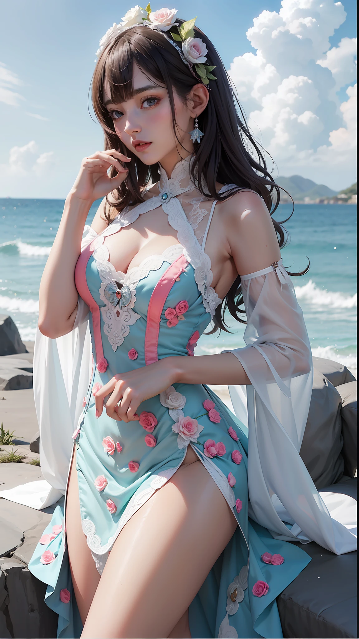 Obra maestra, Cuerpo Completo, Mujer anime, Vestido ta Pomposo ROSA, encaje, volantes, estampado de vaca, rosa, turquesa, celeste, Fondo de pantalla 8K