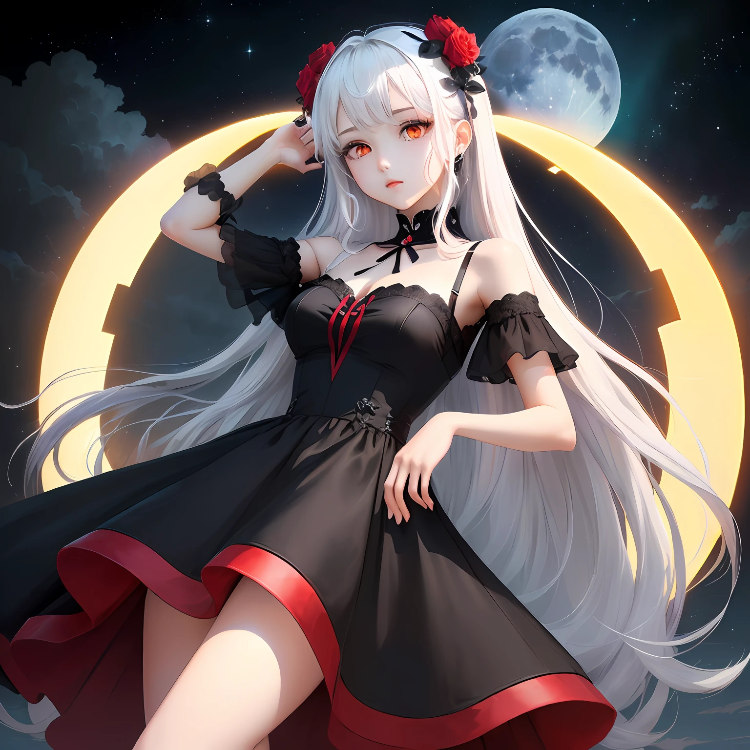 (masterpiece:1.2),(High Picture Quality),(style of anime),(Kizi),(black color dress),(moon full),(adolable),(Black, white and gray tones),(red dress),(white color hair),(red color eyes)