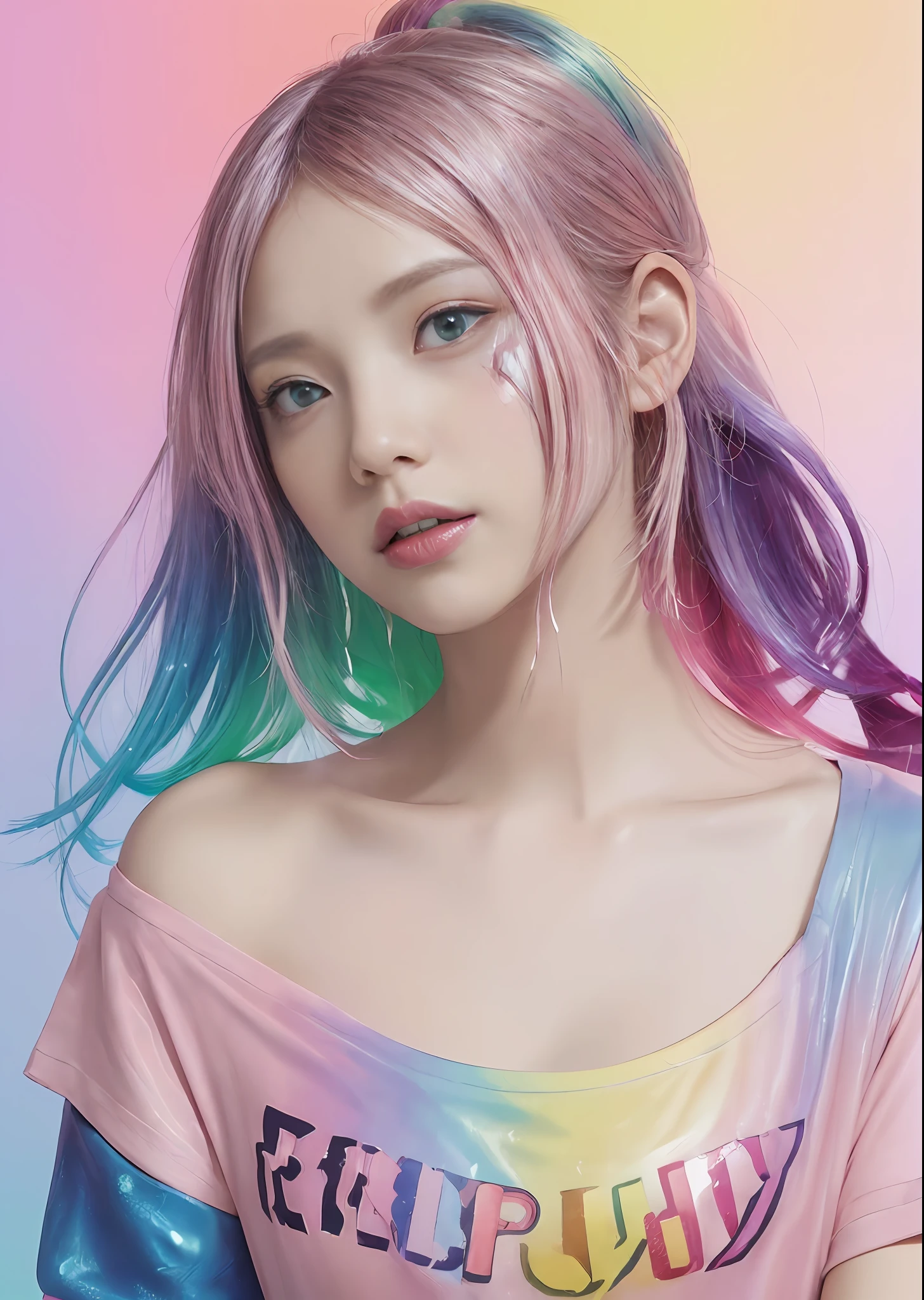 (Pink fashion T-shirt:1.9)、(colourful hair:1.8)、(all the colours of the rainbow:1.8)、((((Vertical Painting:1.6)))、(Painterly:1.6)、frontage、big eye、Sheer eyes、(Iridescent gradient high ponytail:1.7)、Exquisite makeup、Mouth closed、(Small fresh:1.5)、(Wipe Chest:1.6)、long eyeslashes、White off-shoulder T-shirt big watery eyes、(rainbow-colored hair:1.6)、Color explosion, Messy lines, ((Shines)), (colourfull), Chic paint style, (color splashes), Vertical Painting, nsfw、 Paint splashes, Acrylic Pigment, gradients, depth of fields, facepaint, colourful clothes, (elegent: 1.2), Gorgeous,length hair, the wind, (elegent: 1.3), (flower petals:1.4)、(((​masterpiece)))、(((top-quality)))、((ultra-detailliert))、(dynamic ungle)、((Planktonic))、(paint)、((dishevled hair))、(独奏)、((beautifull detailed face))、collars、bare shoulders​、white  hair、((colourful hair))、(((striated hair))、beatiful detailed eyes、(Gradient color eyes)、((cammel toe))、(colorful backdrop))))、((((a high chroma))))、(((Surrounded by colorful splashes)))