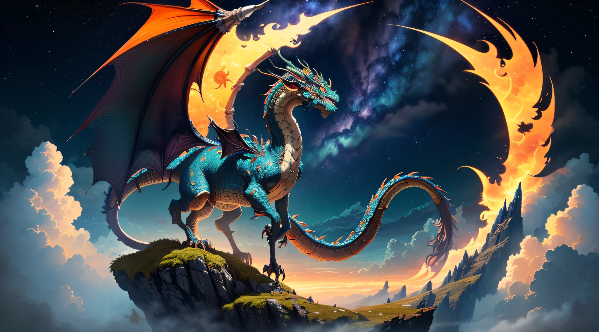 (Ying Dragon God), (Through the Clouds), (Top of the Mountains), (Complex), (Super Detail), (Starry Sky Background), (Stout Limbs), (Moon Night), (Ultra Clear), (Best Quality)