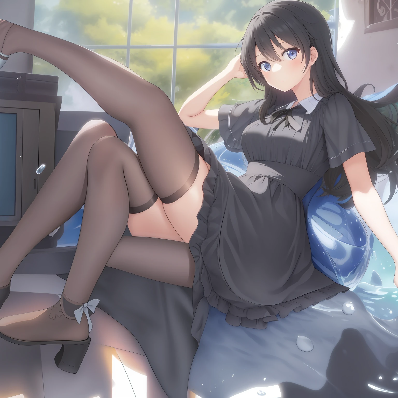 A cute curvy  in a beautiful dress in the shoujo front，Collect black comedy scenes, Guviz, Fine details，[4k digital art]!!，Cute water splashing art anime Lolime girl in beautiful clothes