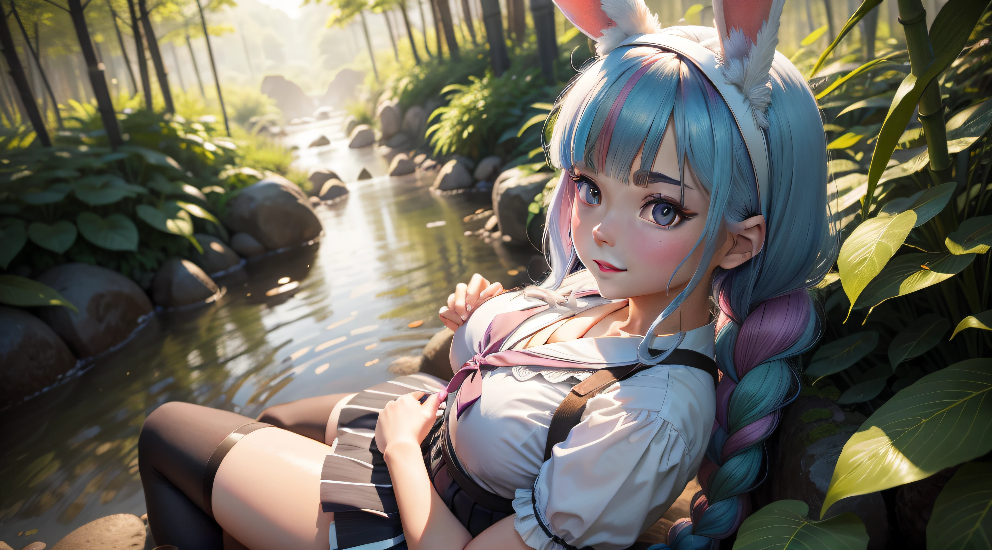 Works of masters,Best Picture Quality,Ultra high resolution 8k panoramic wallpaper,Showcases delicate facial features and a perfect face,Presents a cute girly image,Single picture shows a waitress,Has Pokémon-like thick eyebrows,With rabbit ears,Shy and mischievous face,ssmile,hair over shoulders,Rainbow color hair color,Oblique bangs and side braids, Floral ornaments are worn on the head,Wearing a sailor suit and pleated skirt,Wear with over-the-knee socks,The picture is close to the viewer,Pray for demeanor,Under the summer sky,Surrounded by bamboo forests,The lighting effects are cinematic,The character is in a state of knee pillow,Colorful hair, rainbow hairs, Water-colored eyes, Heterochromatic, Rabbit ears, ssmile, is shy, anime beautiful peace scene, anime nature wallpap, beautiful anime scenes, beautiful anime scenery,first person perspective, POV, ultra-wide-angle, f/16, Sony FE, first person perspective, POV, in a panoramic view, ultra-wide-angle, f/4.0, Sony FE GM