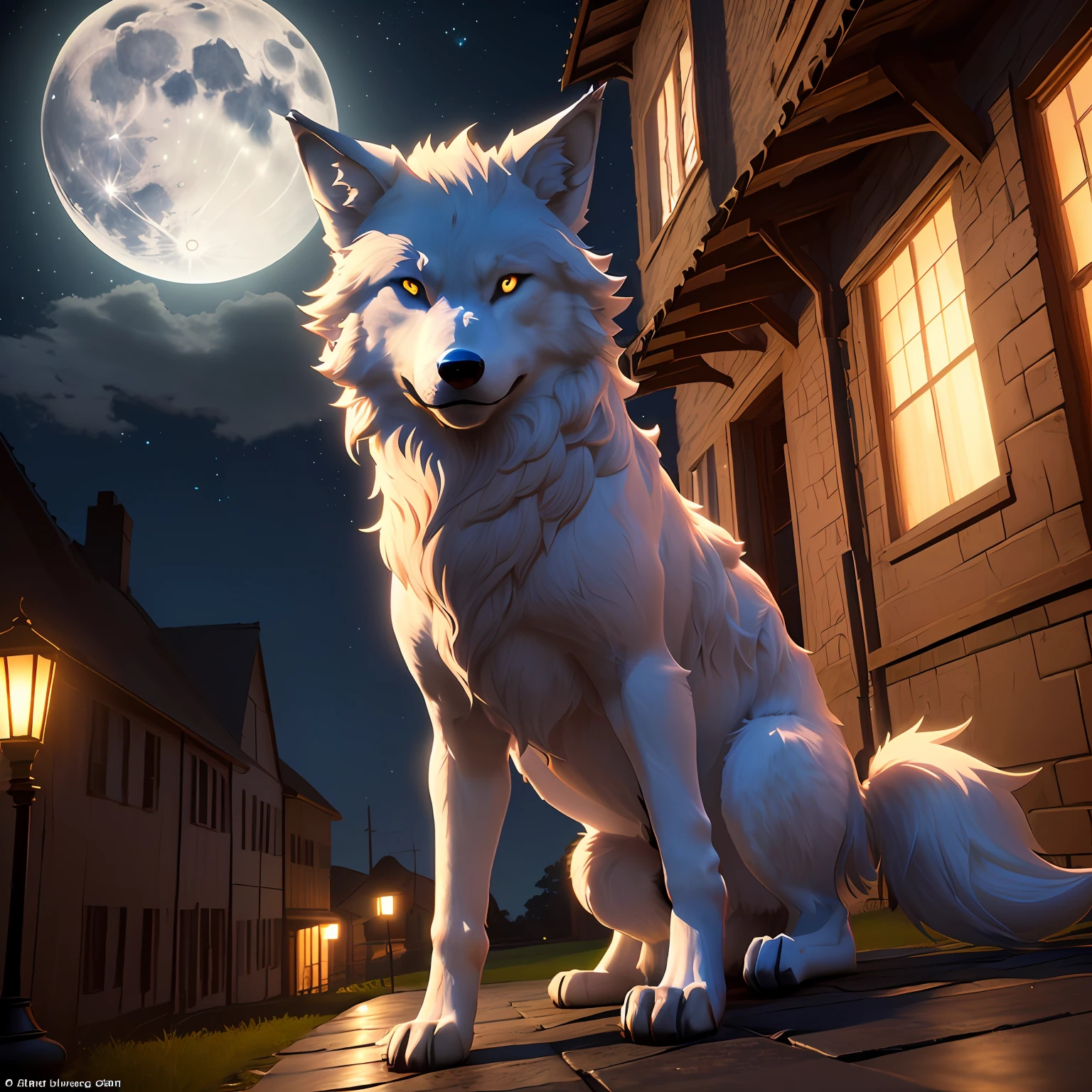 Lonely wolf in the moonlight in the 3d anime universe