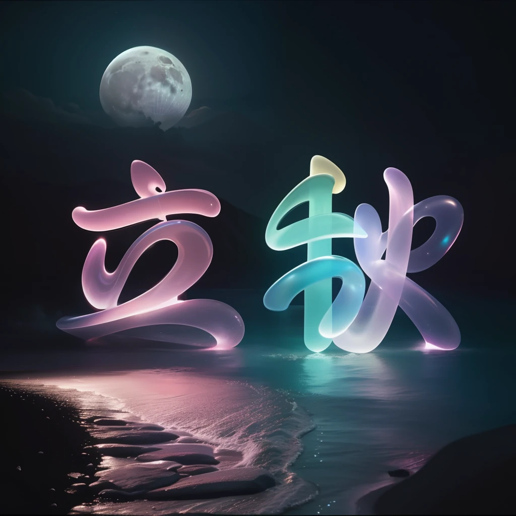 rainbow glass pebbles on the beach, holographic stormy sea, pale pink detailed moon in the sky , night, pixar, high octane, professional photo, beautiful, aesthetically pleasing, photorealism, hyperrealism, high detail, soft lighting , volume, ultra hd, realistic, vivid colors, highly detailed, UHD drawing, pen and ink, perfect composition, beautiful detailed intricate insanely detailed octane render trending on artstation, 8k artistic photography, photorealistic concept art, soft natural volumetric cinematic perfect light