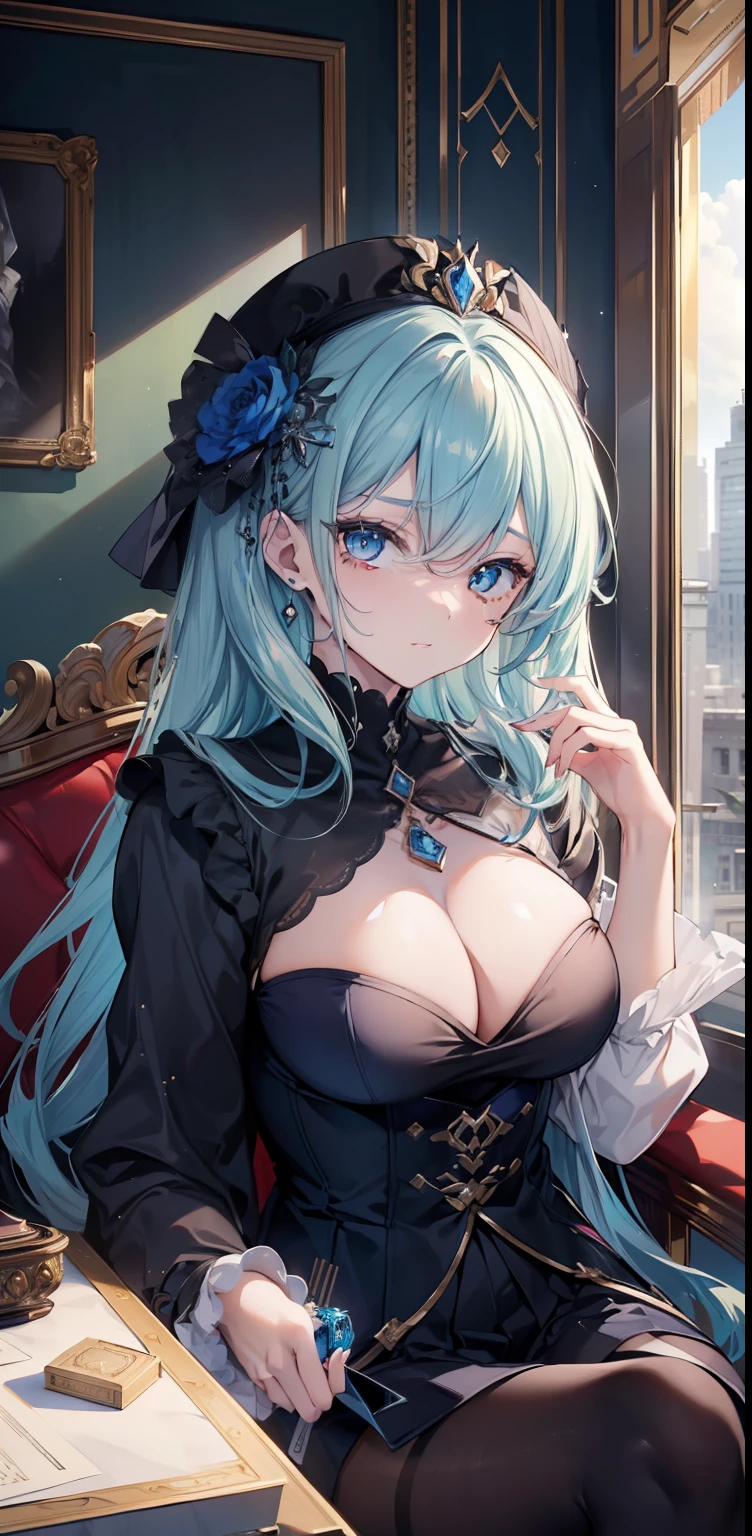 (masterpiece, top quality, best quality, official art, beautiful and aesthetic:1.2),(8k, best quality, masterpiece:1.2), there is a woman sitting in a box full of money and diamod, facial expressions that are so sexy and seductive, the color of the box is blue, the contents of the box are primogem ghenshin impact,
