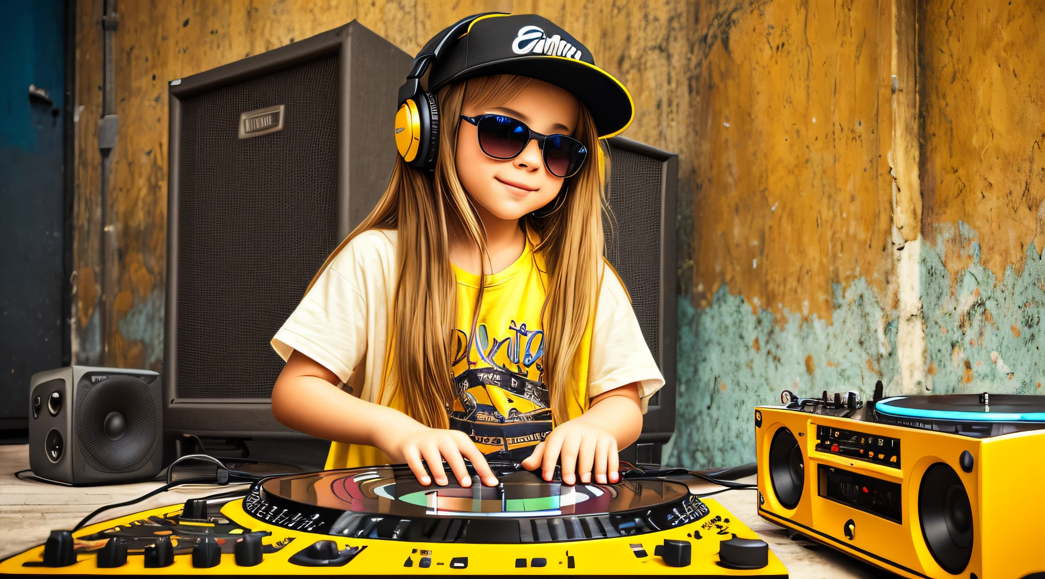 mENINA BLONDE CHILD LONG HAIR WEARING A HAT , Holding a boombox and pointing with your hand, Boombox, The Music Guy, blaster do gueto, em um fundo AMARELO, playing for music, em fundo AMARELO, DJ, imagem de muito baixa qualidade, YELLOW sunglasses and a guitar, Grande Gueto Blaster, com fones de ouvido, music is life, new music, vibrating with the music