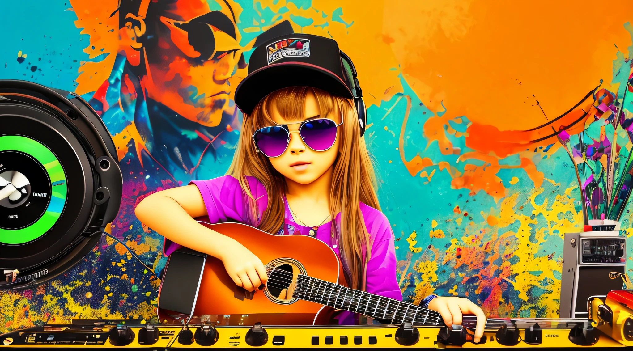 mENINA BLONDE CHILD LONG HAIR WEARING A HAT , Holding a boombox and pointing with your hand, Boombox, The Music Guy, blaster do gueto, em um fundo AMARELO, playing for music, em fundo AMARELO, DJ, imagem de muito baixa qualidade, YELLOW sunglasses and a guitar, Grande Gueto Blaster, com fones de ouvido, music is life, new music, vibrating with the music