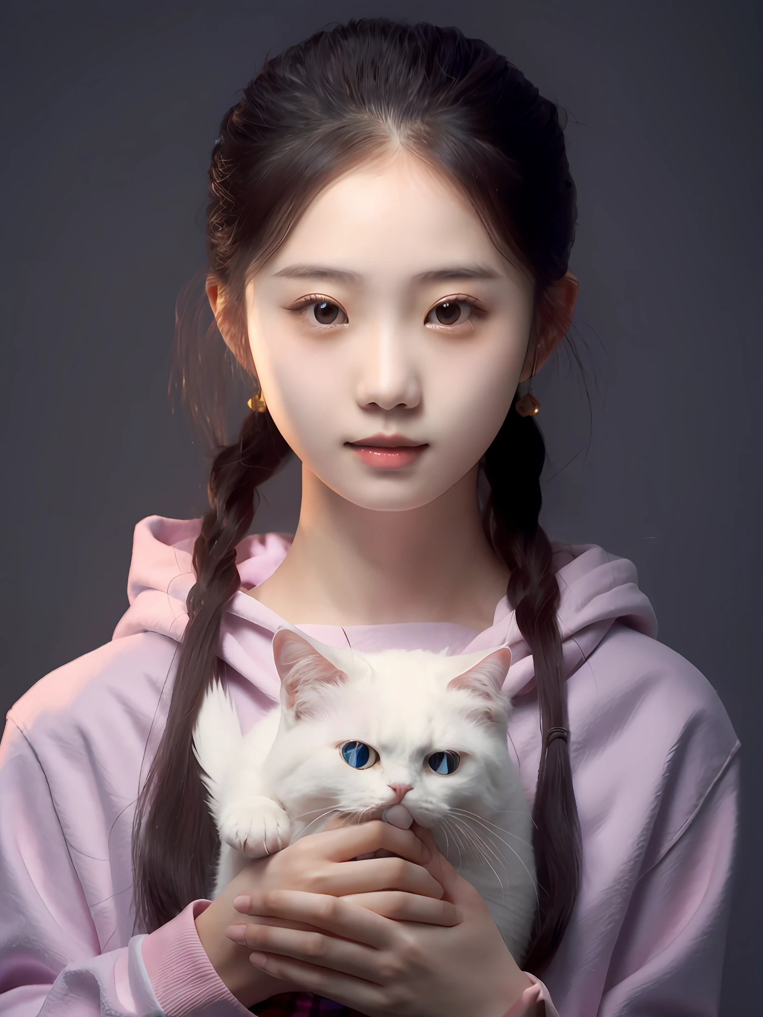 Chinese female high school student，Pink plaid hooded shirt，Holding a white cat