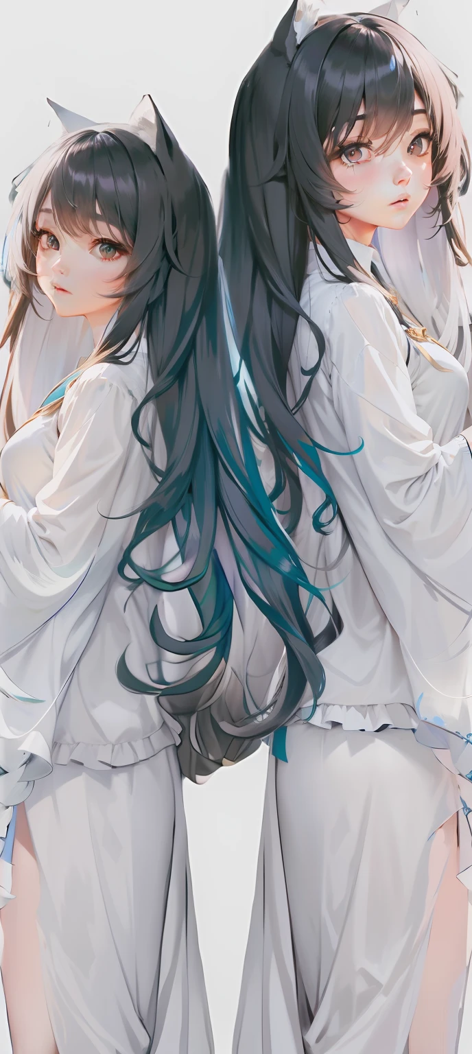 Long hair white shirt long hair anime girl, Anime girl with long hair, flowing hair and long robes, Azure. detailed hairs, in a cloak with long hairs, ilya kuvshinov with long hair, detailed white long hair, detailed long black hair, cabelos preto e longos, Anime girl with teal hair, with long dark hair, double tails