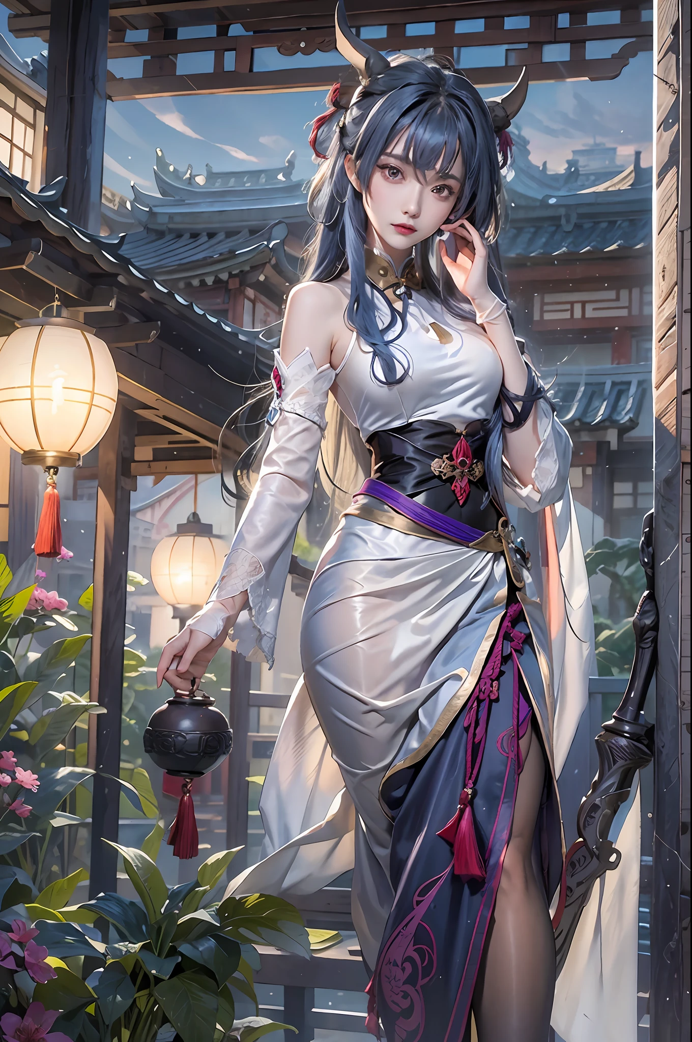 photorealistic, high resolution, 1women, solo, hips up, look at viewer, (detailed face), ahoge, architecture, bangs, schoolgirl uniform, bare shoulders, bell, black gloves, black pantyhose, (blue hair), blush, breasts, chinese knot, detached sleeves, east asian architecture, flower knot, gloves, horns, long hair, looking at viewer, small breasts, neck bell, night, outdoors, pantyhose, purple eyes, sidelocks, solo, tassel, white sleeves, intricate, high detail, sharp focus, dramatic, jewelry