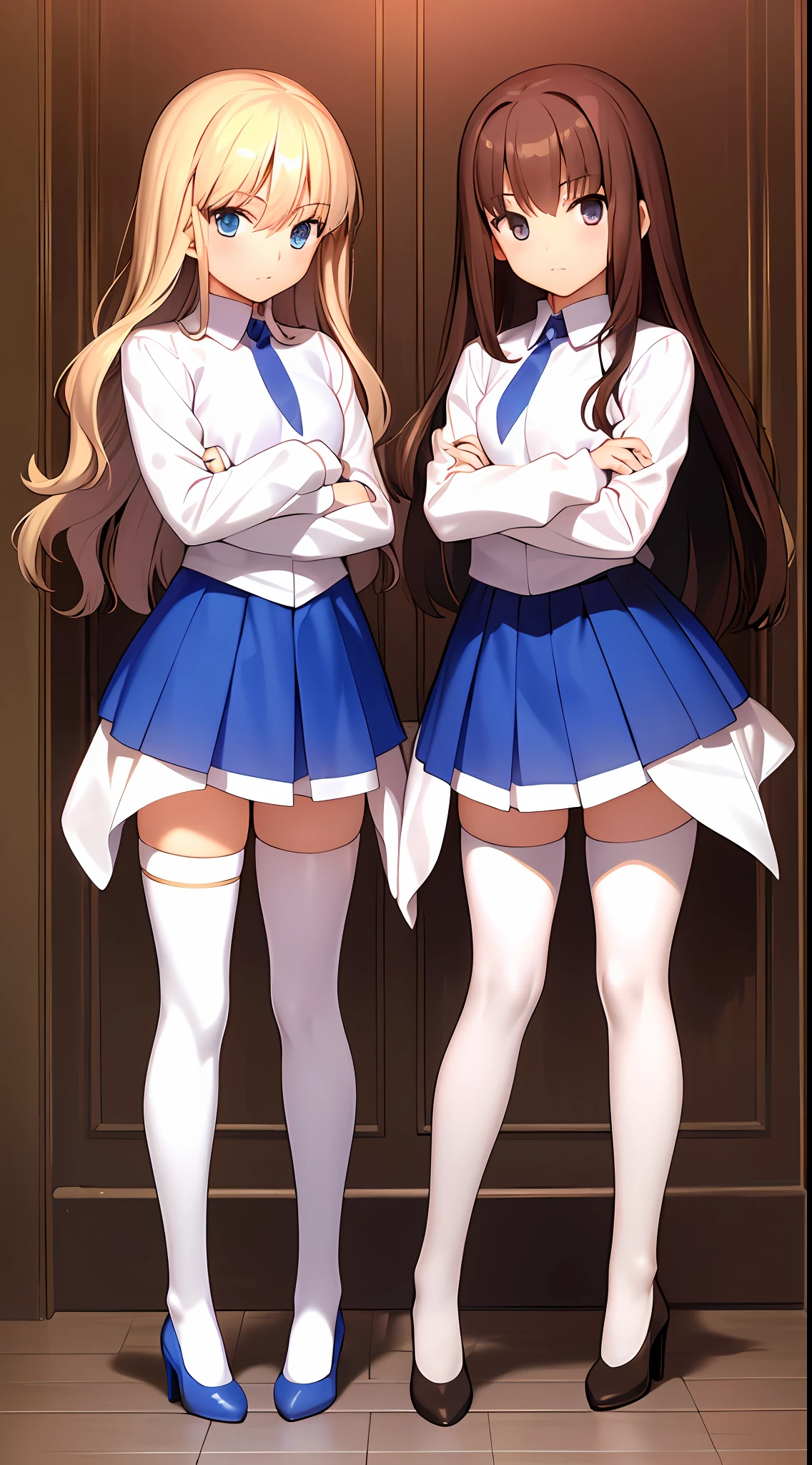 takeuchi takashi, ((Masterpiece, highres)), 2girls, duo, twins, ((one brown haired girl, one blonde girl)), long hair, curly hair, matching hairstyles, different hair color, confident, elegant, rich girls, hazel eyes, happy, arms at sides, straight backs, (((matching outfits, identical outfits, matching uniforms, skirt suits, white thighhighs, thighhigh socks, blue high heels, same color outfits))), standing at attention, shoulder to shoulder, same pose, mansion