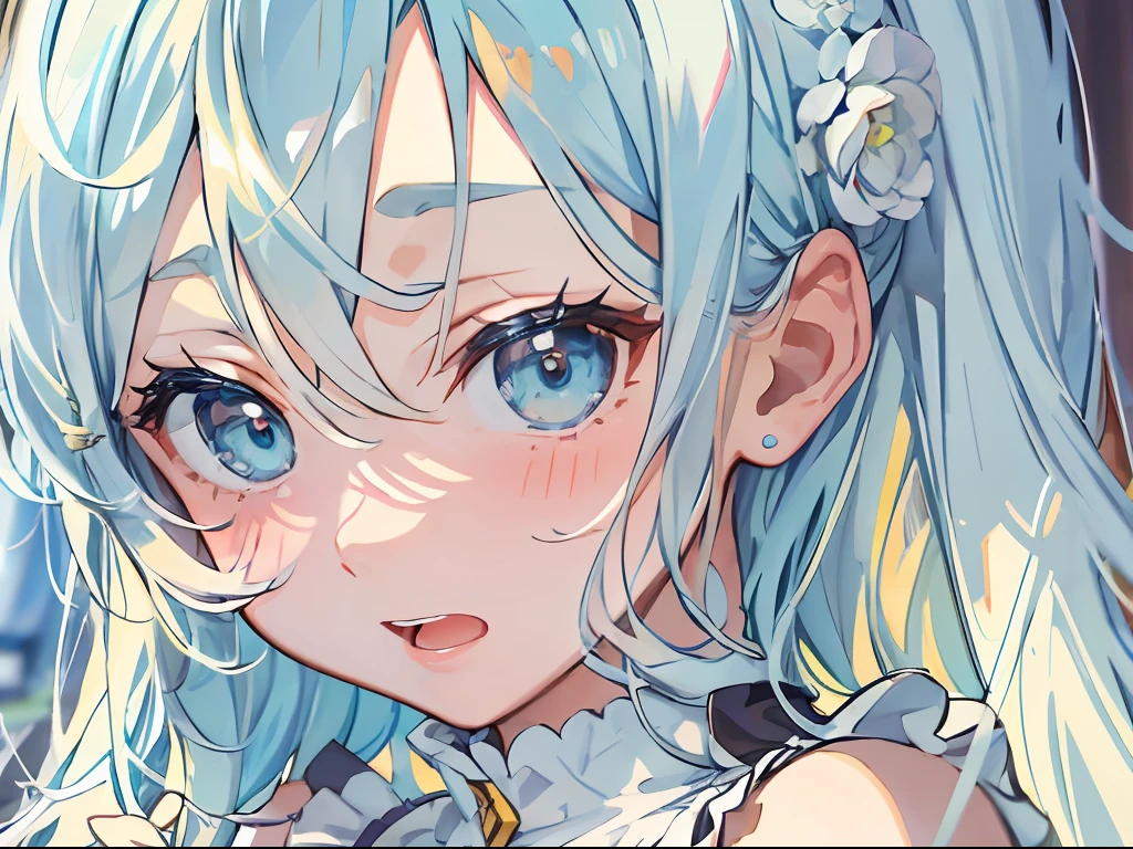 Best quality, tmasterpiece, A 12-year-old girl,Long light blue hair and blue eyes,The expression is pitiful,At the kitchen door,closeup cleavage