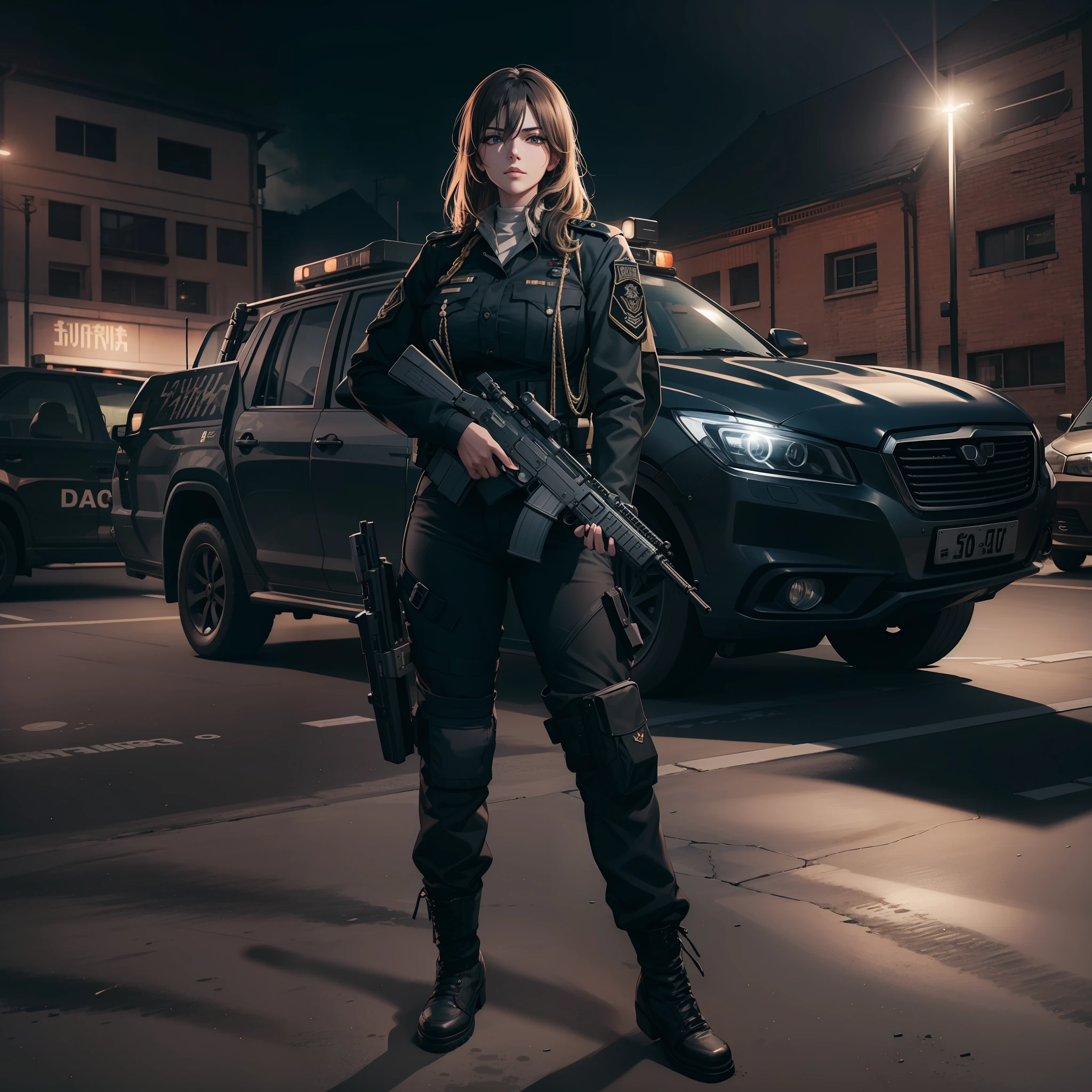 Beautiful tall attractive woman with black swat military uniform holding a gun night scenery with swat car with cirene on best quality and best effects best shadows best lighting 8k