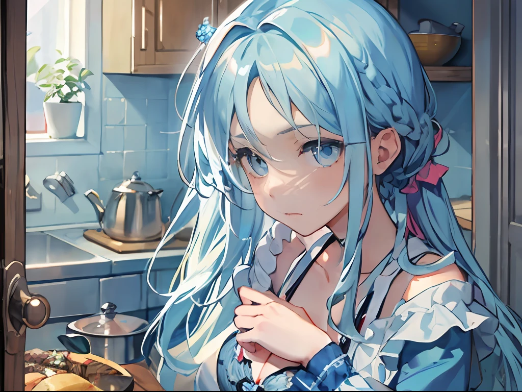 Best quality, tmasterpiece, A 12-year-old girl，Long light blue hair and blue eyes，The expression is pitiful，At the kitchen door，closeup cleavage