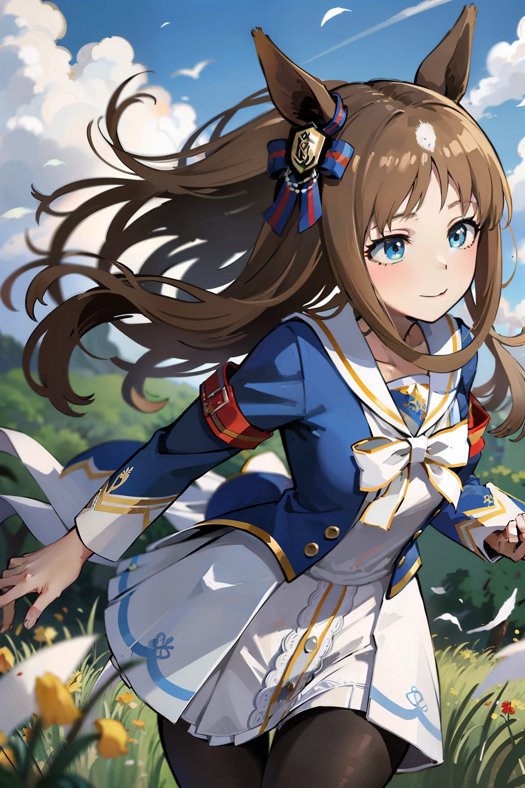 ((​masterpiece、top-quality))、独奏、Glass Wonder、Uma Musume、独奏、Marl、length hair、brown haired、((Blue sailor suit))、Blue jacket、White sailor color、long-sleeve、((Black tights))、ear ornament、White skirt、A smile、Red armband、White ribbon on chest、1 pair is black、The other pair is white、grass field、Running、the wind、dynamicposes、dynamic ungle