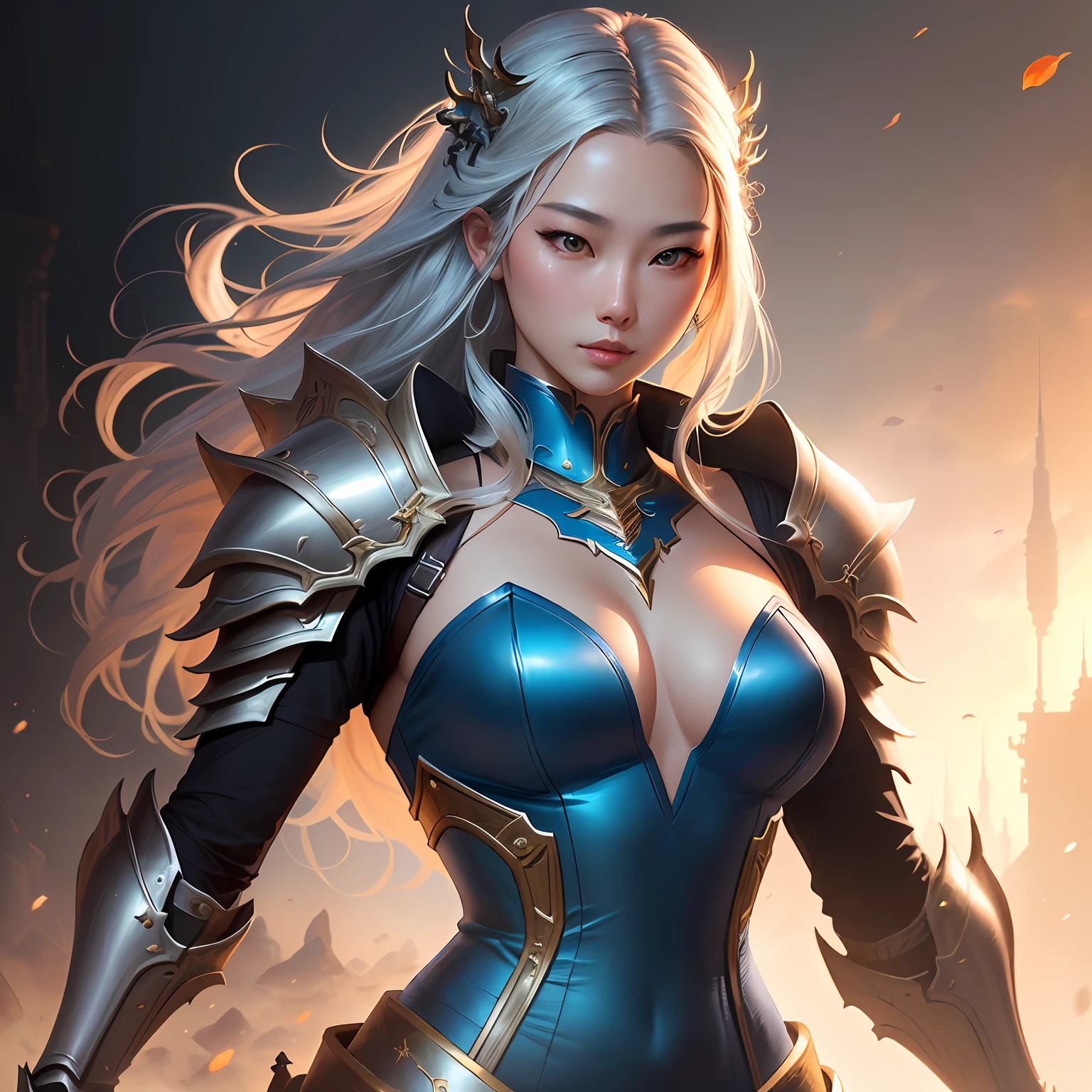 a close up of a woman in a silver and blue dress, chengwei pan on artstation, by Yang J, detailed fantasy art, stunning character art, fanart best artstation, epic exquisite character art, beautiful armor, extremely detailed artgerm, detailed digital anime art, artgerm on artstation pixiv, armor girl