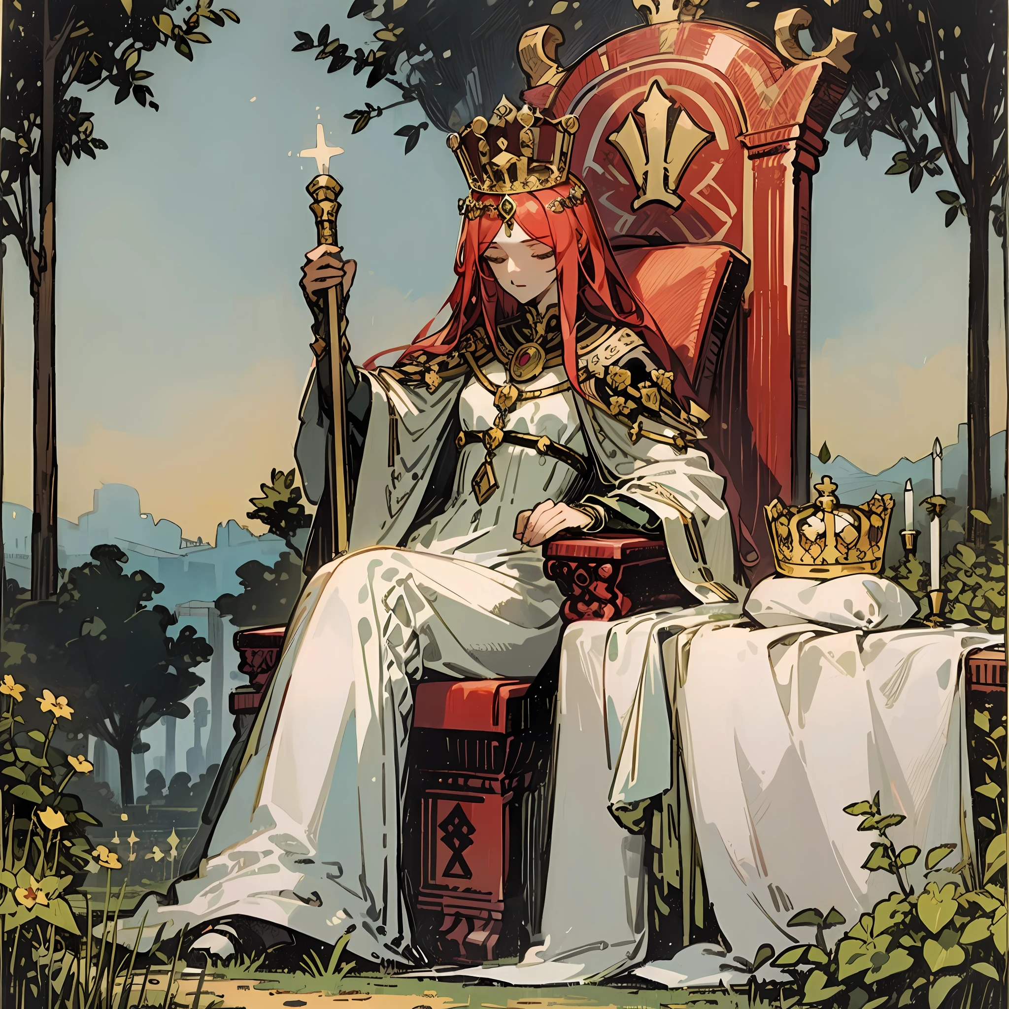 tarot card, the empress, woman, pillow throne, crown, scepter, outdoors, garden