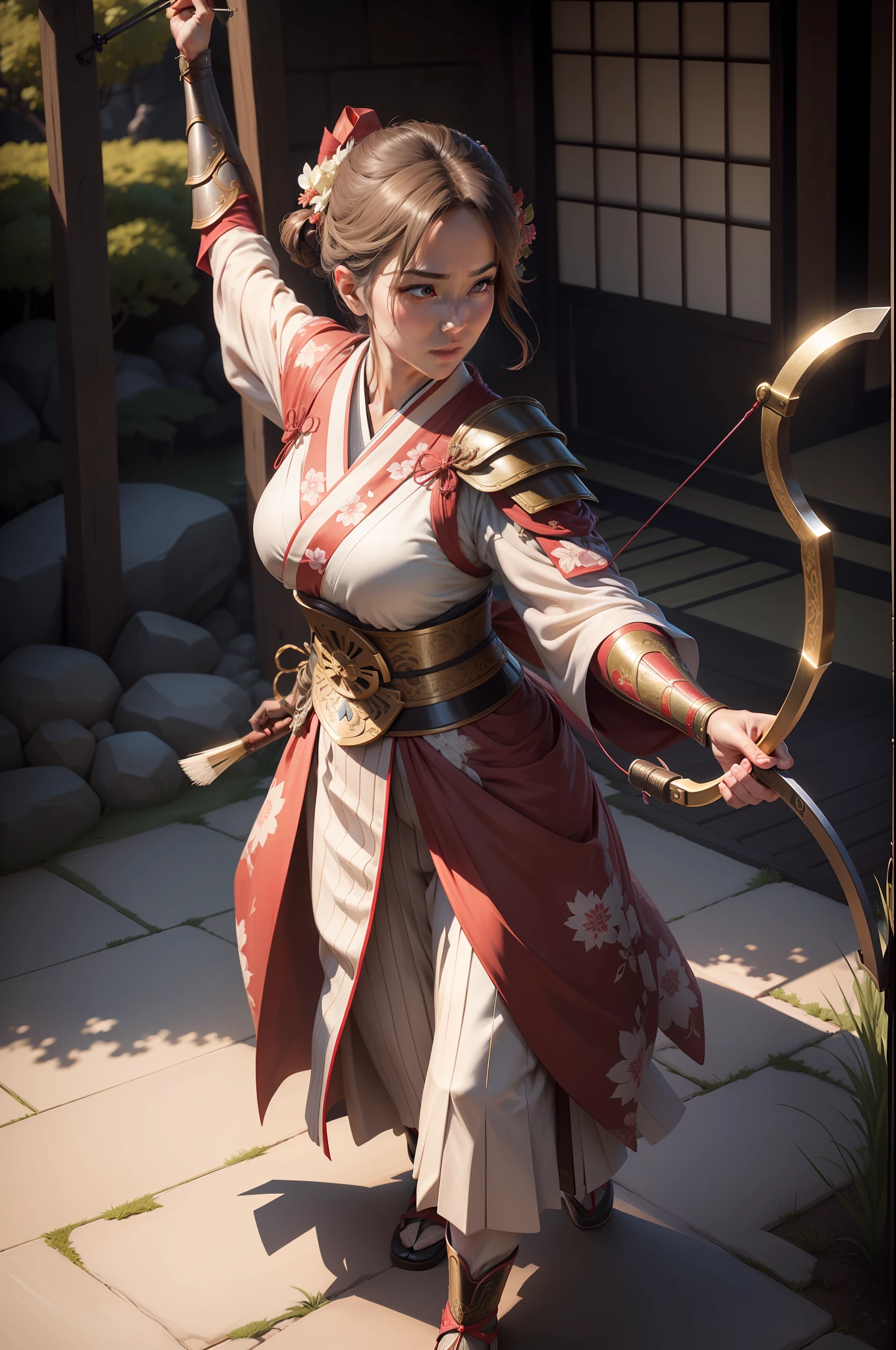 The animations are rich in detail，This is a high-quality 8K masterpiece，35-year-old mature woman，Enchanting and beautiful，Japanese kimono light armor wearing，Holding a bow and arrow in his hand，Combat stance，fantasy
