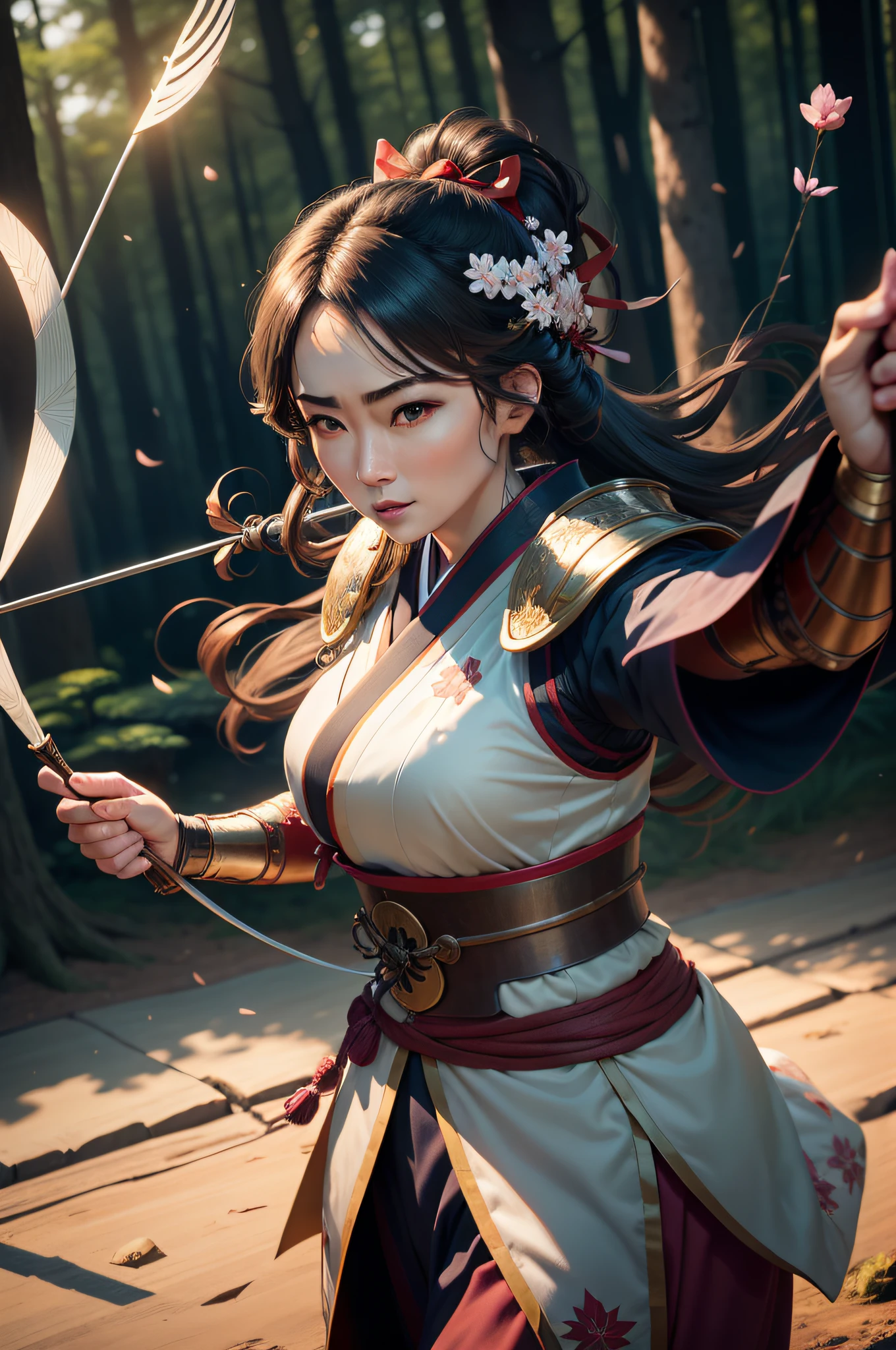 The animations are rich in detail,This is a high-quality 8K masterpiece,35-year-old mature woman,Enchanting and beautiful,Japanese kimono light armor wearing,Holding a bow and arrow in his hand,Combat stance,fantasy