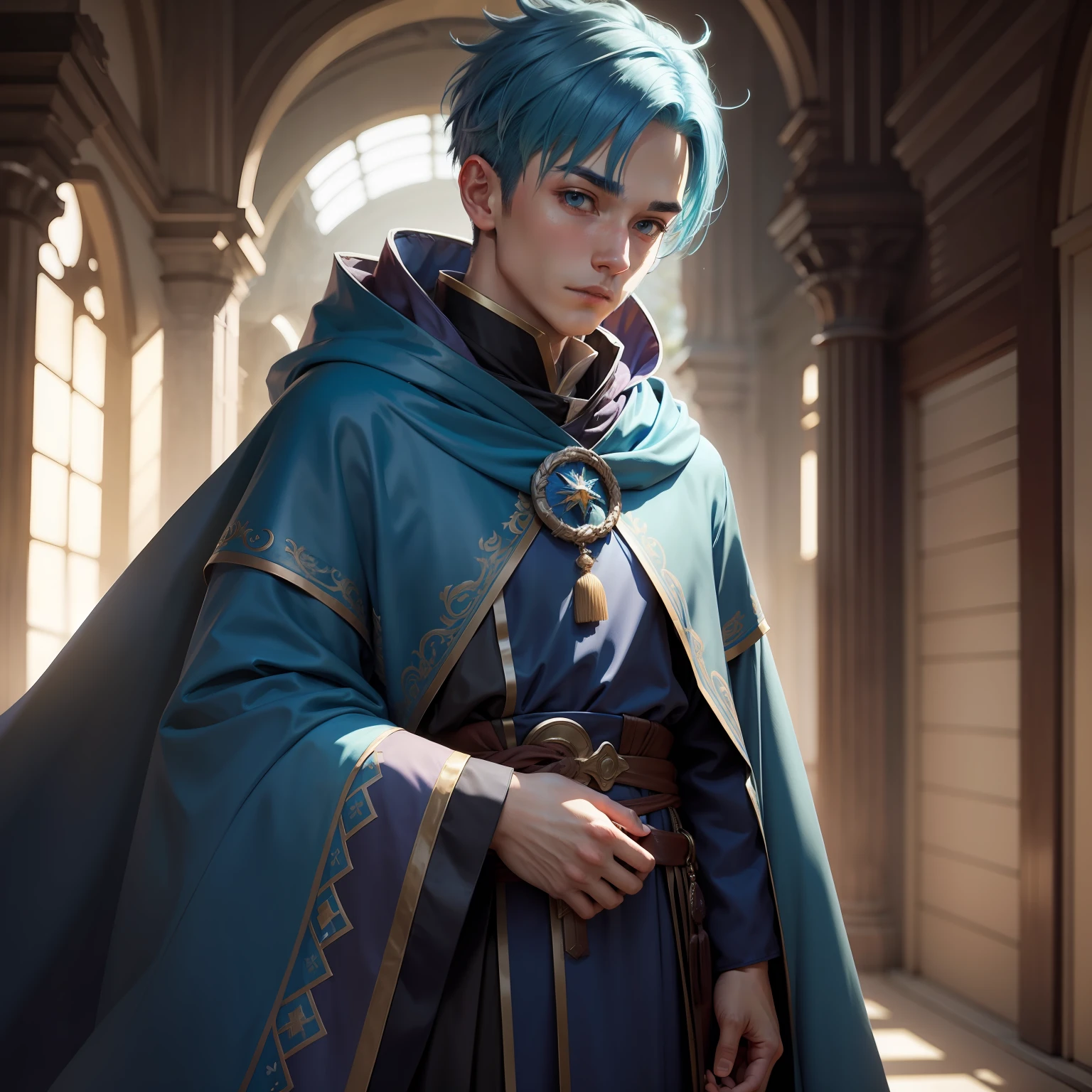 Blue-haired boy，Wearing a fancy cloak，male people。