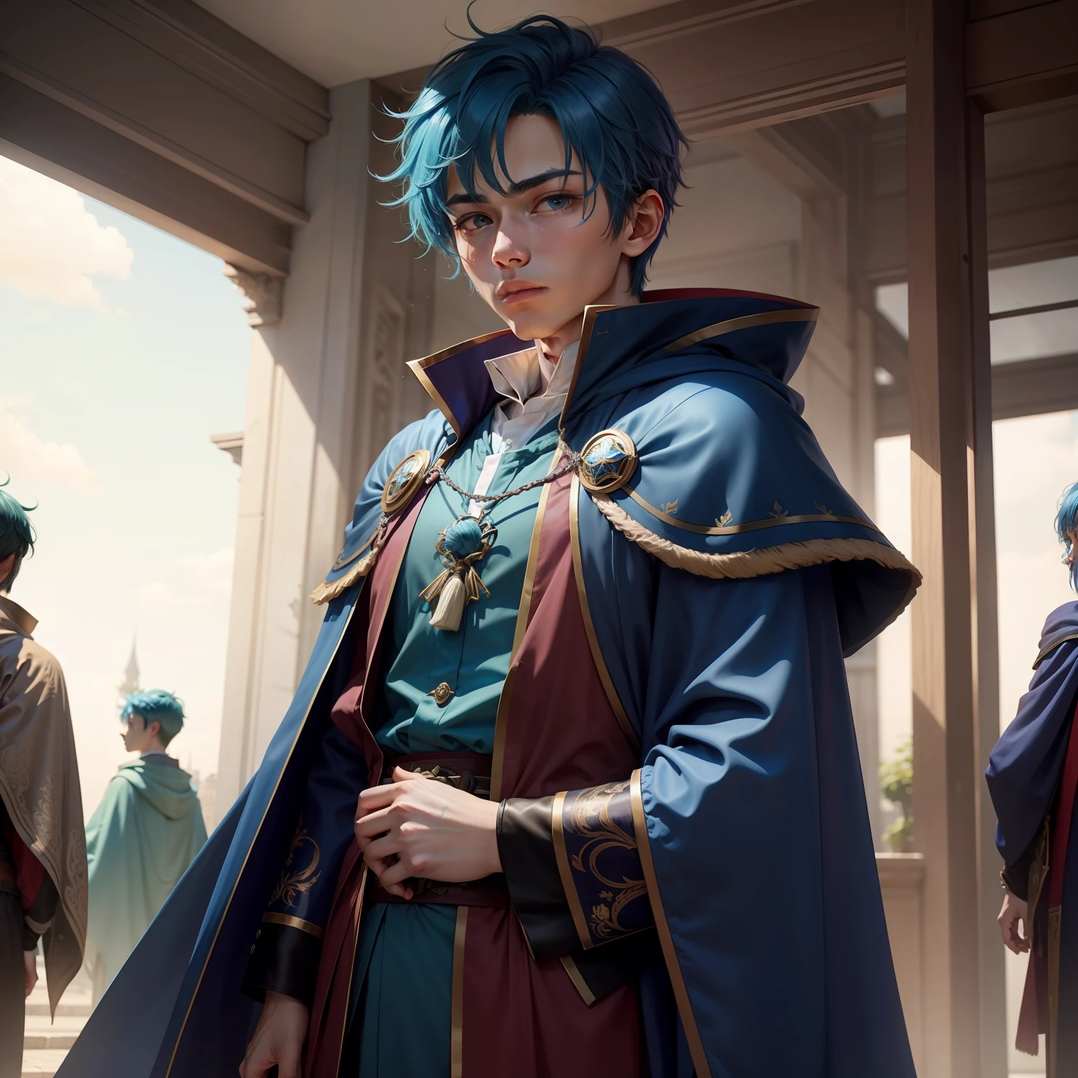 Blue-haired boy，Wearing a fancy cloak，male people。
