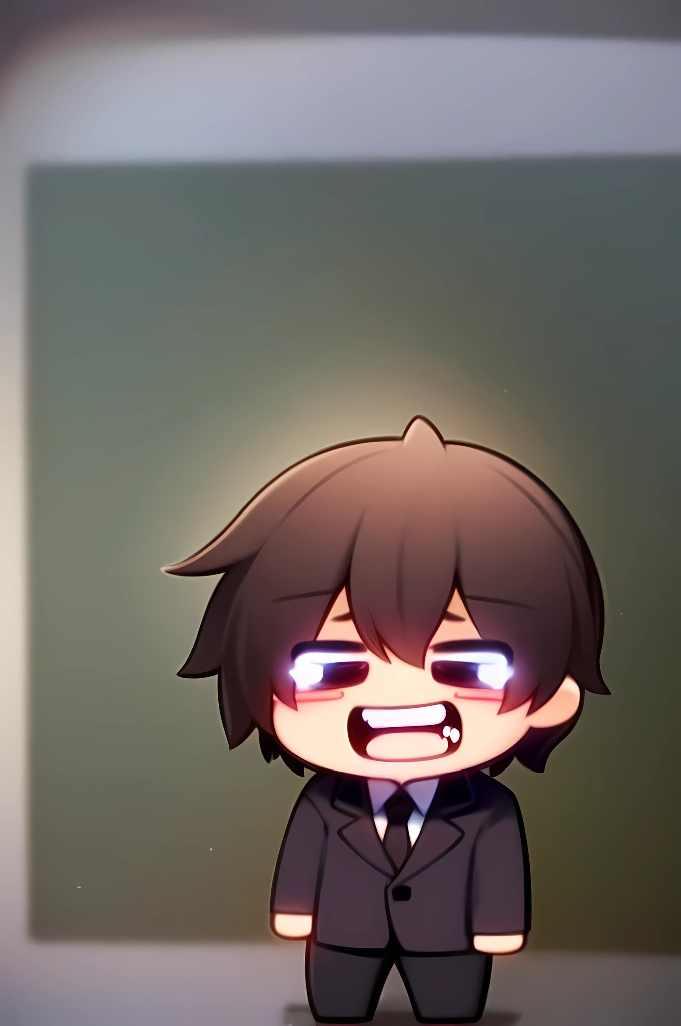 virtual_youtuber, 1boy, male_focus, solo, brown_hair, necktie, purple_eyes, brown_footwear, formal, jacket, suit, pants, smile, white shirt, collared shirt, hair_between_eyes, (VERY DETAILED EYES:1.5), (chibi:1.4), (emote:1), (joyful expression:1.8), cartoon, simple background, sticker