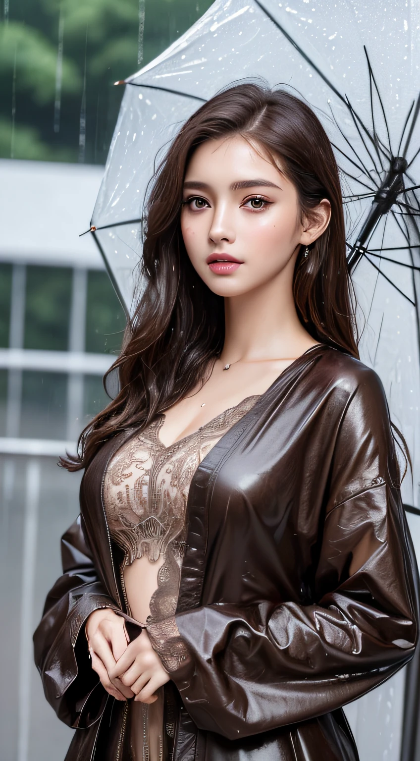 (Best quality, 4k, Masterpiece :1.3), pretty woman, 1girl, full body, dark brown hair: 1.1, (rainy wet, wet from rain, wet body :1.2), ultra-detailed face, detailed lips, detailed eyes, double eyelid