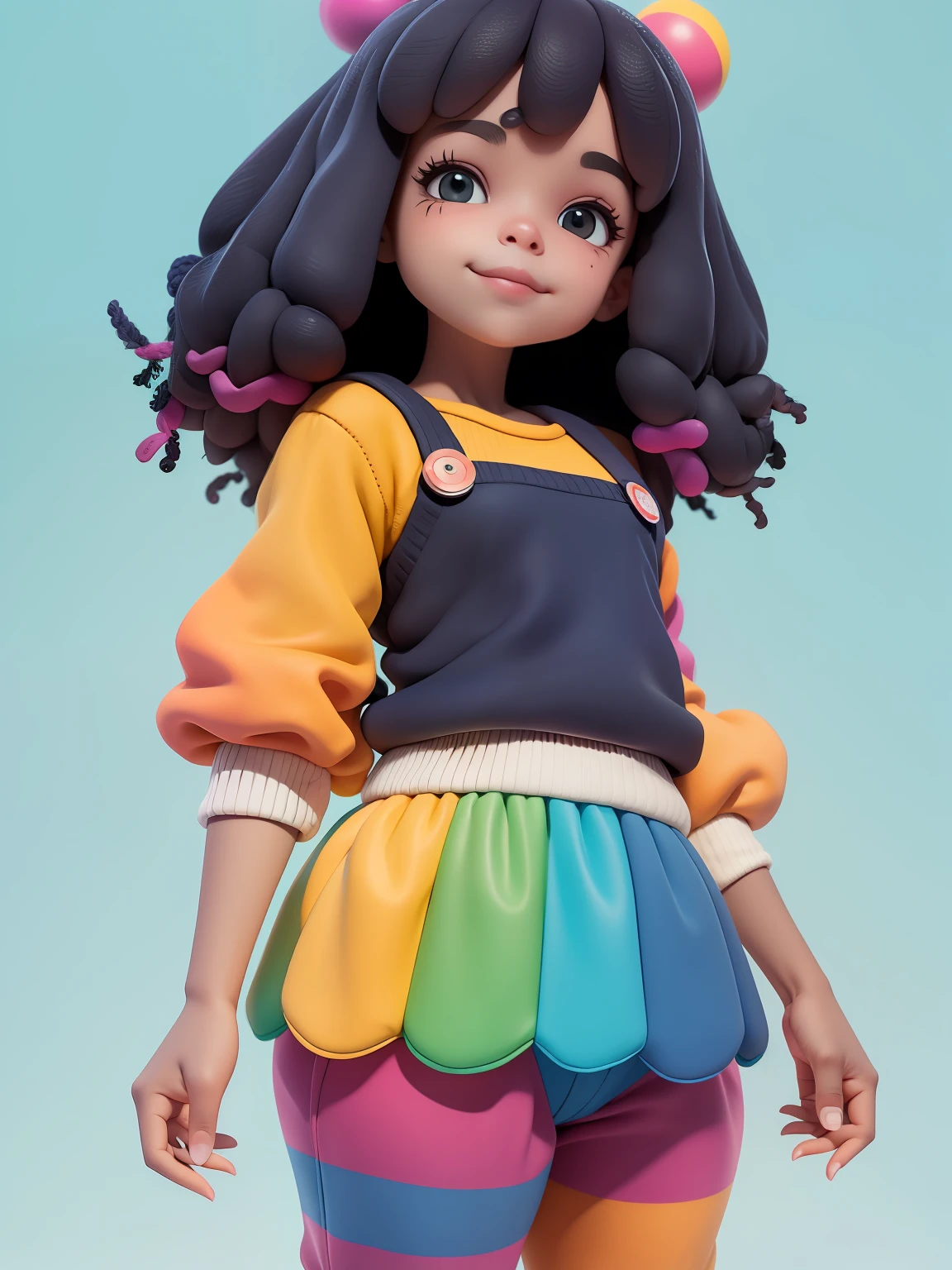 (obra-prima), (melhor qualidade), (ultra-detalhado), (corpo inteiro: 1.2) baby menina negra bonita e fofa, tema circus, capuz, moletom colorido, Knitted jumpsuits, Pants, jaqueta, blusa, sorriso claro, corpo inteiro, :3, fundo tom pastel , colorido e simples.