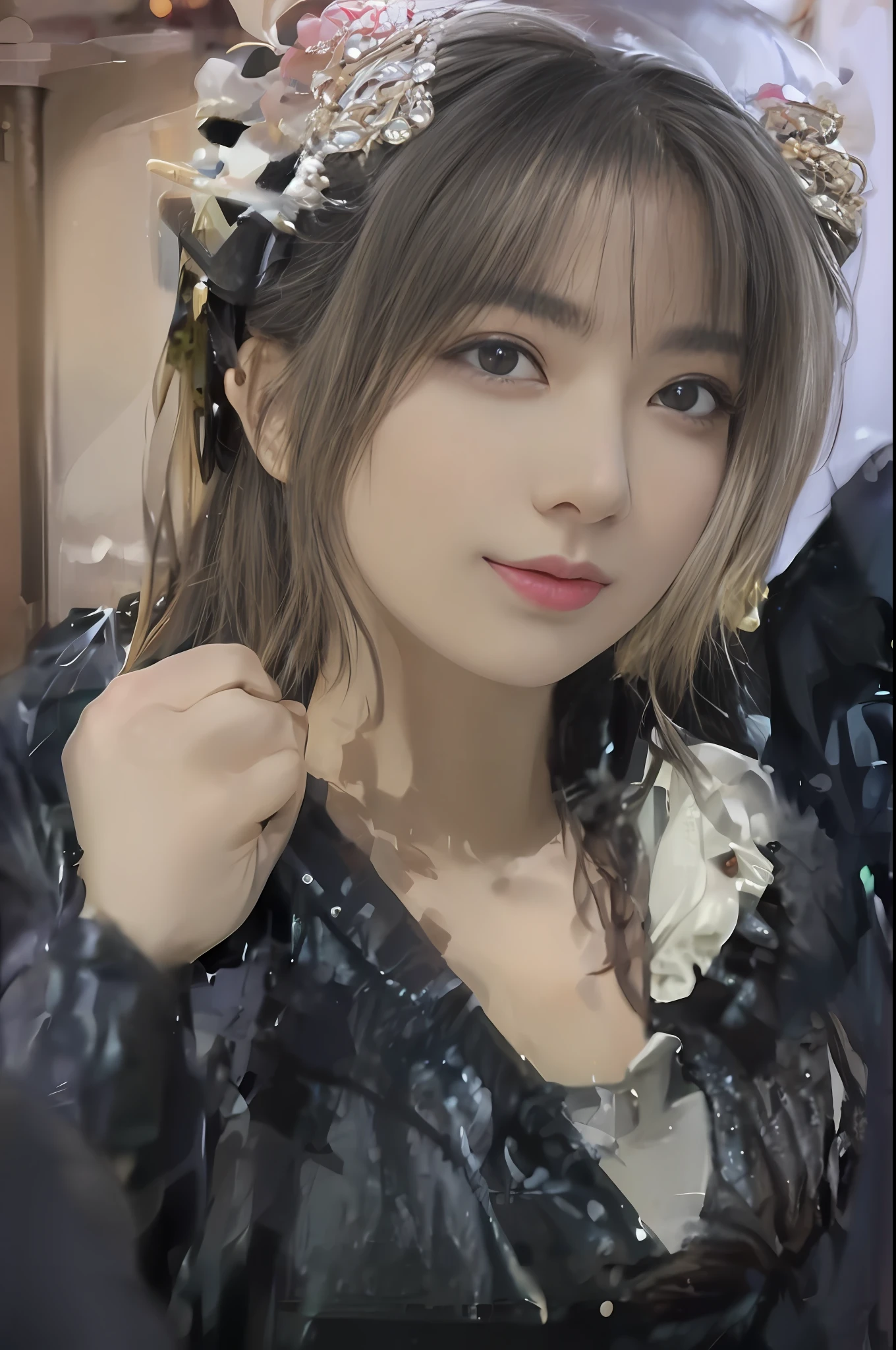 There was a woman wearing a crown and a dress，There are flowers on it, portrait of jossi of blackpink, tzuyu from twice, portrait of female korean idol, Guviz, made with anime painter studio, [ 4 K digital art ]!!, 8K Artgerm bokeh, drawn in anime painter studio, lalisa manobal