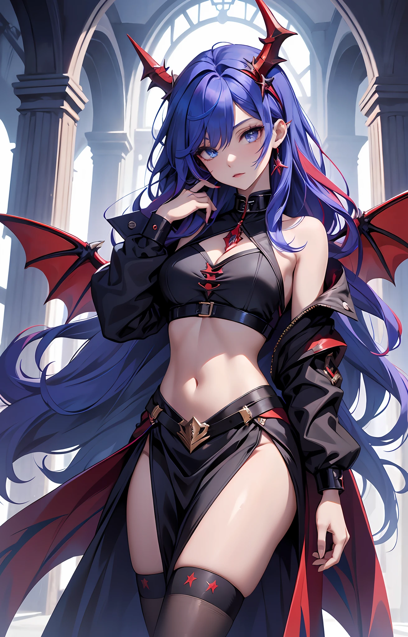 best qualityer,tmasterpiece,Ultimate resolution,downy,Extremely colorful,Colorful,Dragon beauty,Mature face shape,Long red and blue hair,blue color eyes,(Long red and blue hair),Redlip,Long messy hair,A pair of dragon horns,A pair of dragon wings,a matural female,Crop topping,Superskirt,The kinky is exposed,Sanctuary,Skysky,Normal posture