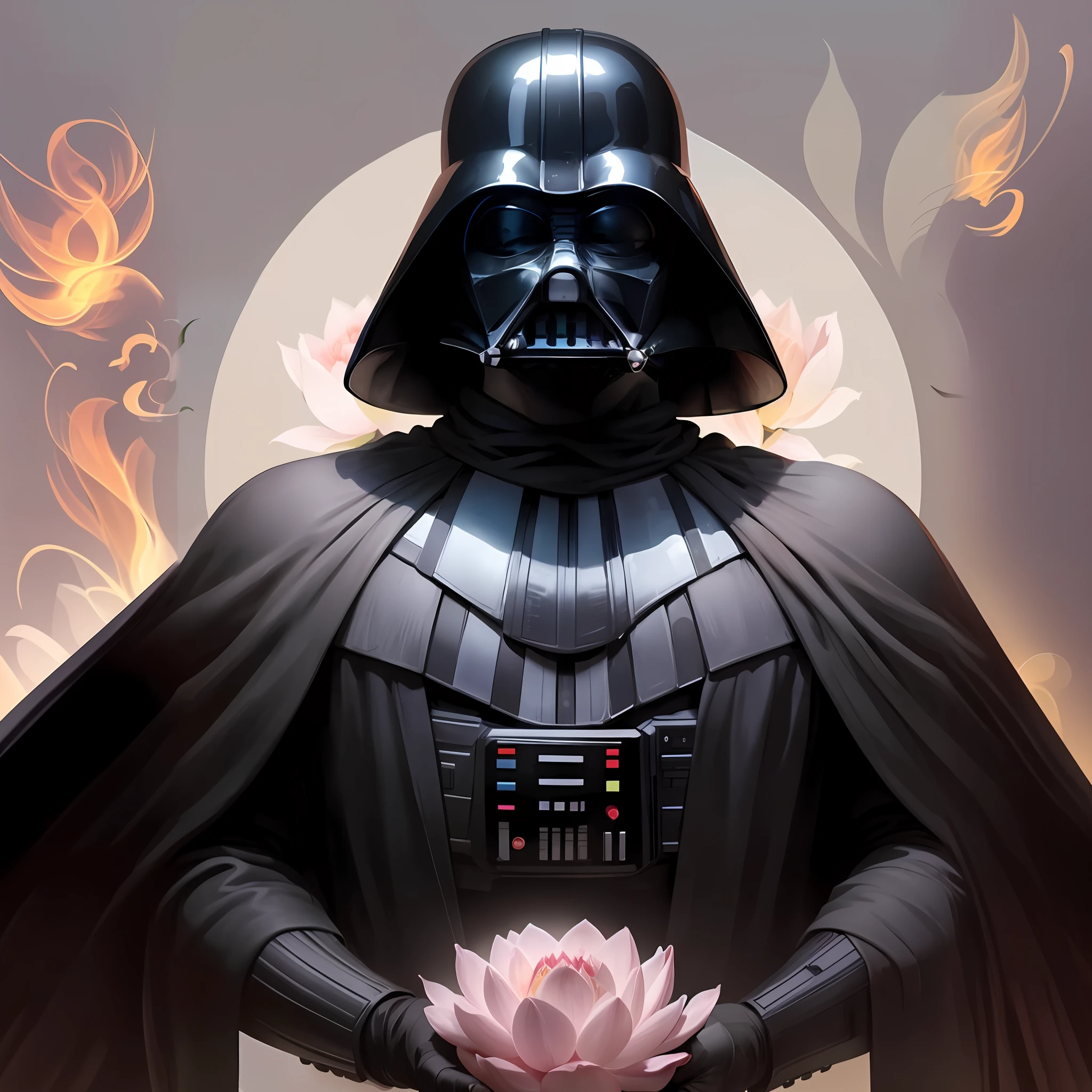 Statue of Darth Vader holding a lotus flower in his hand, Retrato de Darth Vader, Retrato de Darth Vader, retrato imperial, Pai, Estilo Star Wars Imperial, Darth Vader, Wojtek FUS, Ross Tran 8 K, Foco em Darth Vader, vador escuro, Lucasfilm Jesper Ejsing, arte de star wars, Directed by: Eddie Mendoza, Darth Vader sitting at the table