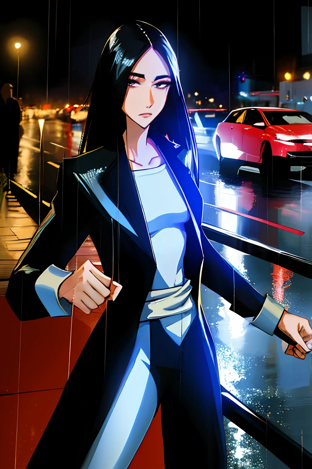 maryms,Best Quality,(beauty),masterpiece, 1girl,phisically-based render ,ultra highres,narrow waist, skinny, eyes,long legs,(small breasts),puffy eyes, night,(rainy city), shiny skin, facing viewer, fighting stance, (make a fist),firm expression,