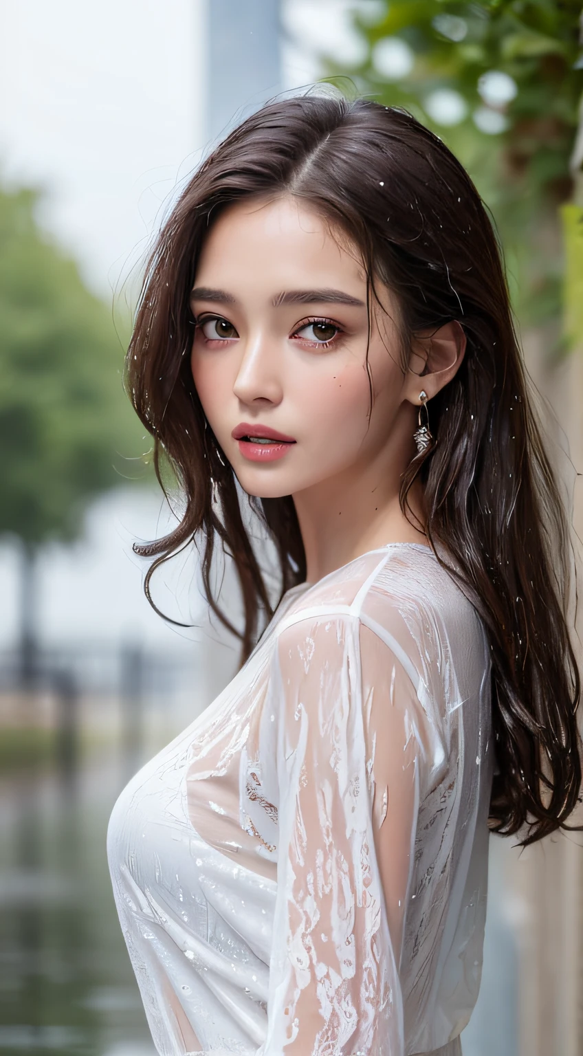 (Best quality, 4k, Masterpiece :1.3), pretty woman, 1girl, full body, dark brown hair: 1.1, (rainy wet, wet from rain, wet body :1.2), ultra-detailed face, detailed lips, detailed eyes, double eyelid
