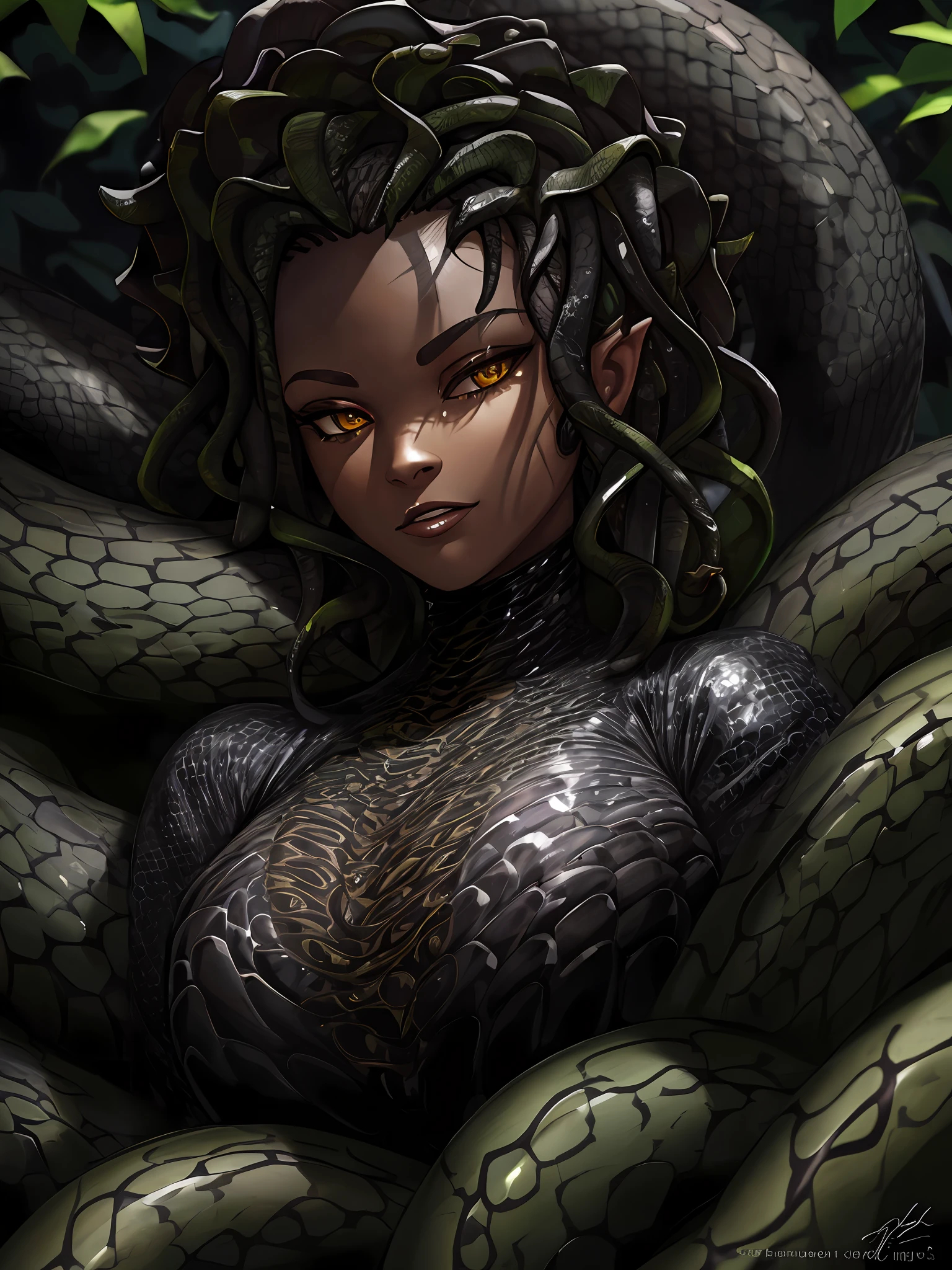 close-up portrait painting,medusa,serpent rubber bodysuit,intricate highly detailed black brown (serpent skin:1.2),outdoors background,