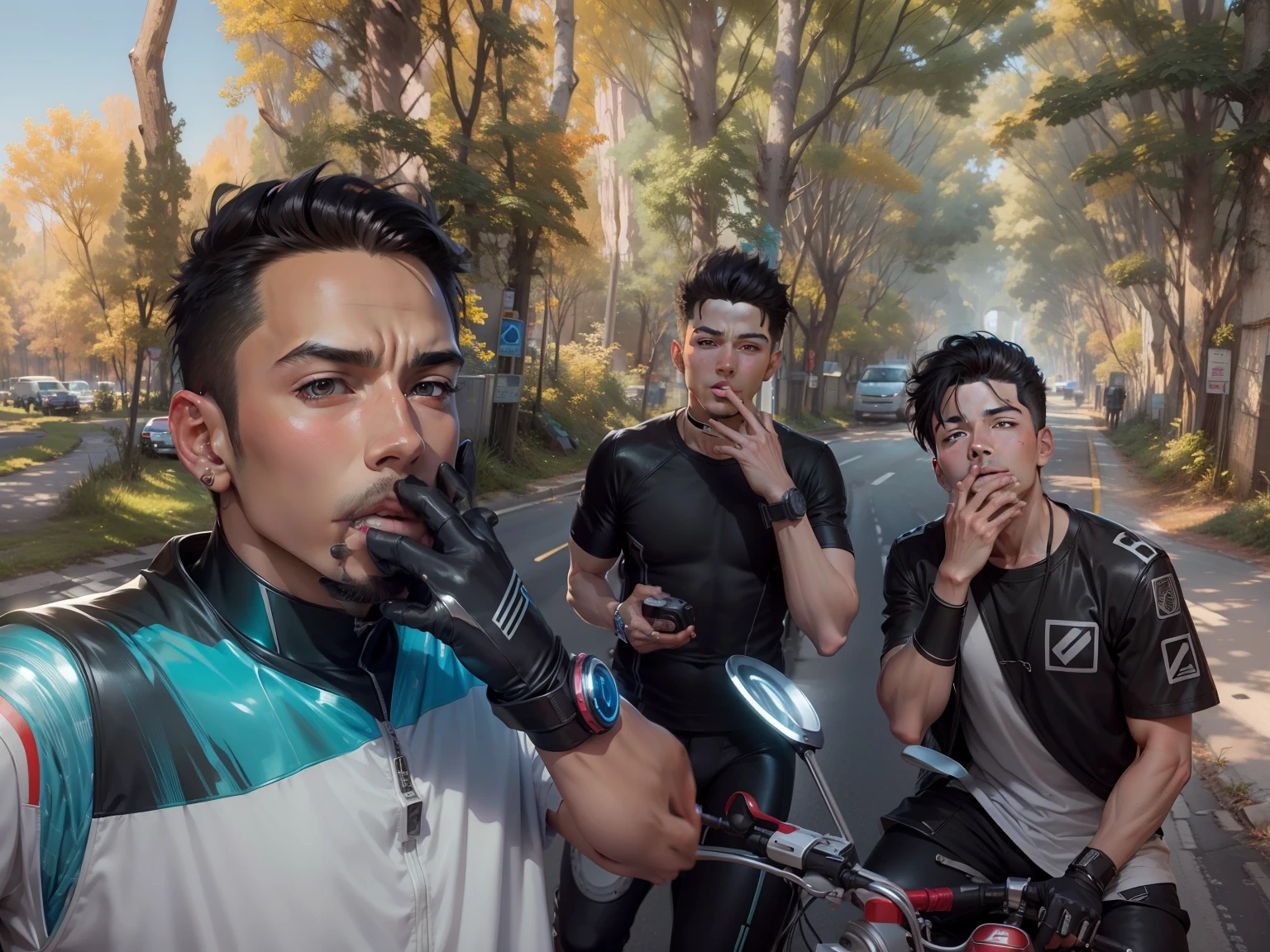 Anime boys in the road,hand on mouth, clear details, beautiful background, scifi bike, ultra hd,4k details