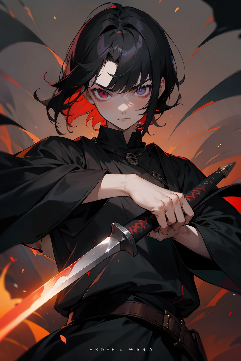 Men around 12 years old，with short black hair，There are bangs on the forehead，Bangs cover the left eye，Only the dark red right eye is revealed，The expression is indifferent，In his left hand, He was holding a black dagger，The blade of the dagger burned with deep purple flames，Dressed in medieval Western thorn accessories，Determined gaze