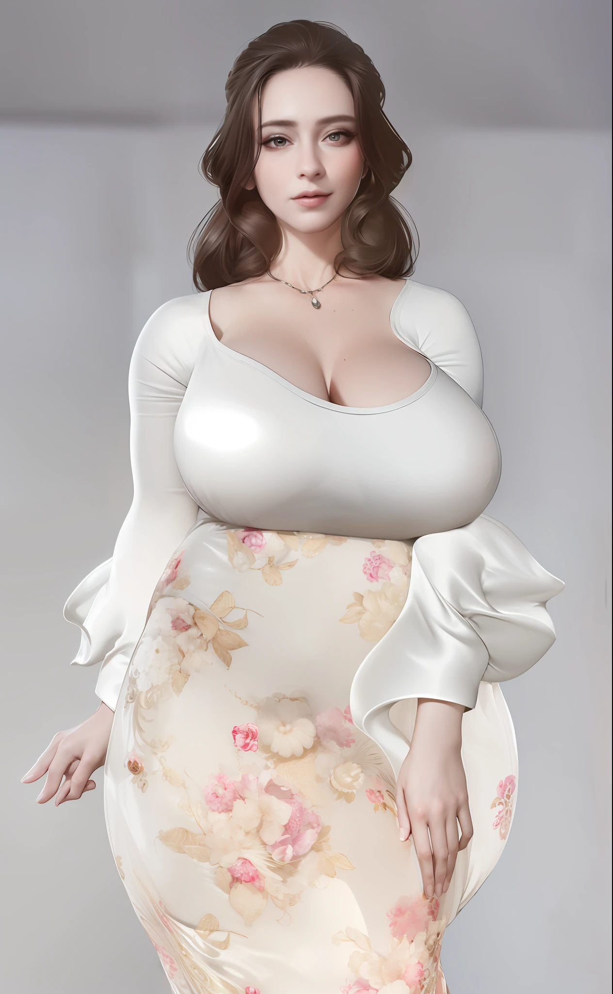 masterpiece, best quality,(cgi, realistic), extreme detail, 8k, woman, perfect face, extreme detail, beautiful milf, mature,square necklace , updo hairstyle, white dress, cleavage, large breasts,wide hips, slim waist, black hair, short updo, solo, slicked hair,ornate marble hallway, frowing,