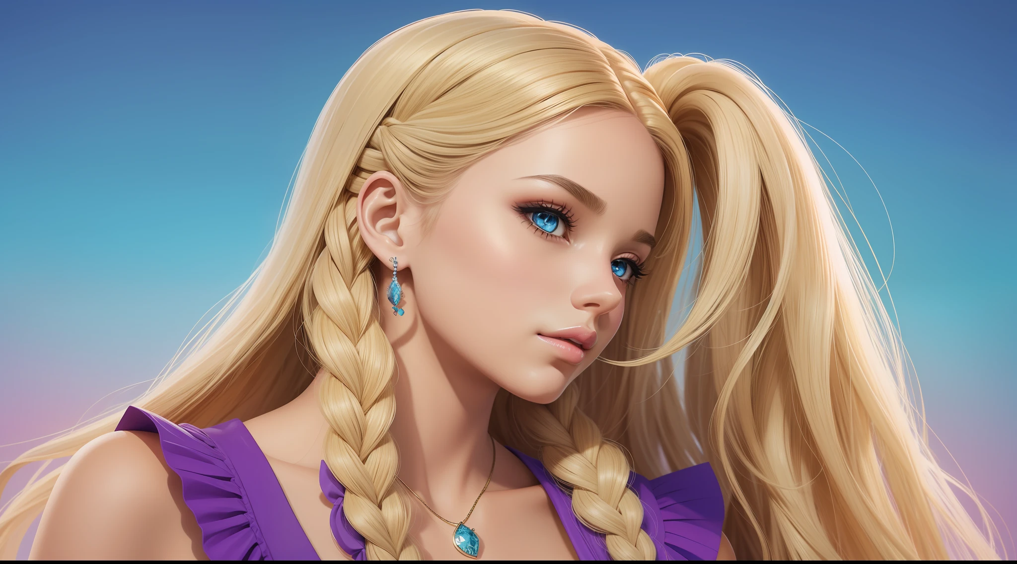 Digital illustration of a Barbie with dreads and her hair swaying in a strong wind. um desenho de uma mulher com cabelos loiros e olhos azuis, estilo de arte impressionante, estilo de arte dos desenhos animados, Cartoon style illustration, arte dos desenhos animados, in illustration style digital, estilo de arte realista, Obra-prima da arte digital, penteado pigtails, blonde braids and blue eyes, arte digital altamente detalhada, trending on artstration, Estilo de desenho bonito, estilo de arte realista, arte digital altamente detalhada
