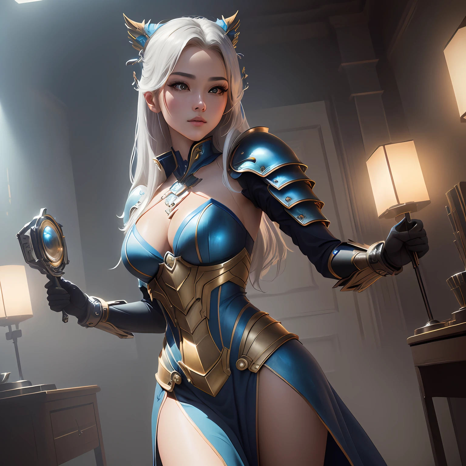 a close up of a woman in a women in a silver and blue dress, chengwei pan on artstation, by Yang J, detailed fantasy art, stunning character art, fanart best artstation, epic exquisite character art, beautiful armor, extremely detailed artgerm, Detailed digital anime art, Artgerm on ArtStation Pixiv, armor girl((best qualtiy)), ((tmasterpiece)), (the detail:1.4), 3D, A beautiful cyberpunk female image,HDR(HighDynamicRange),Ray traching,NVIDIA RTX,Super-Resolution,Unreal 5,Subsurface scattering、PBR Texture、post-proces、Anisotropy Filtering、depth of fields、maximum definition and sharpness、Many-Layer Textures、Albedo e mapas Speculares、Surface Coloring、Accurate simulation of light-material interactions、perfectly proportions、Octane Render、Two-colored light、largeaperture、Low ISO、White balance、the rule of thirds、8K RAW、