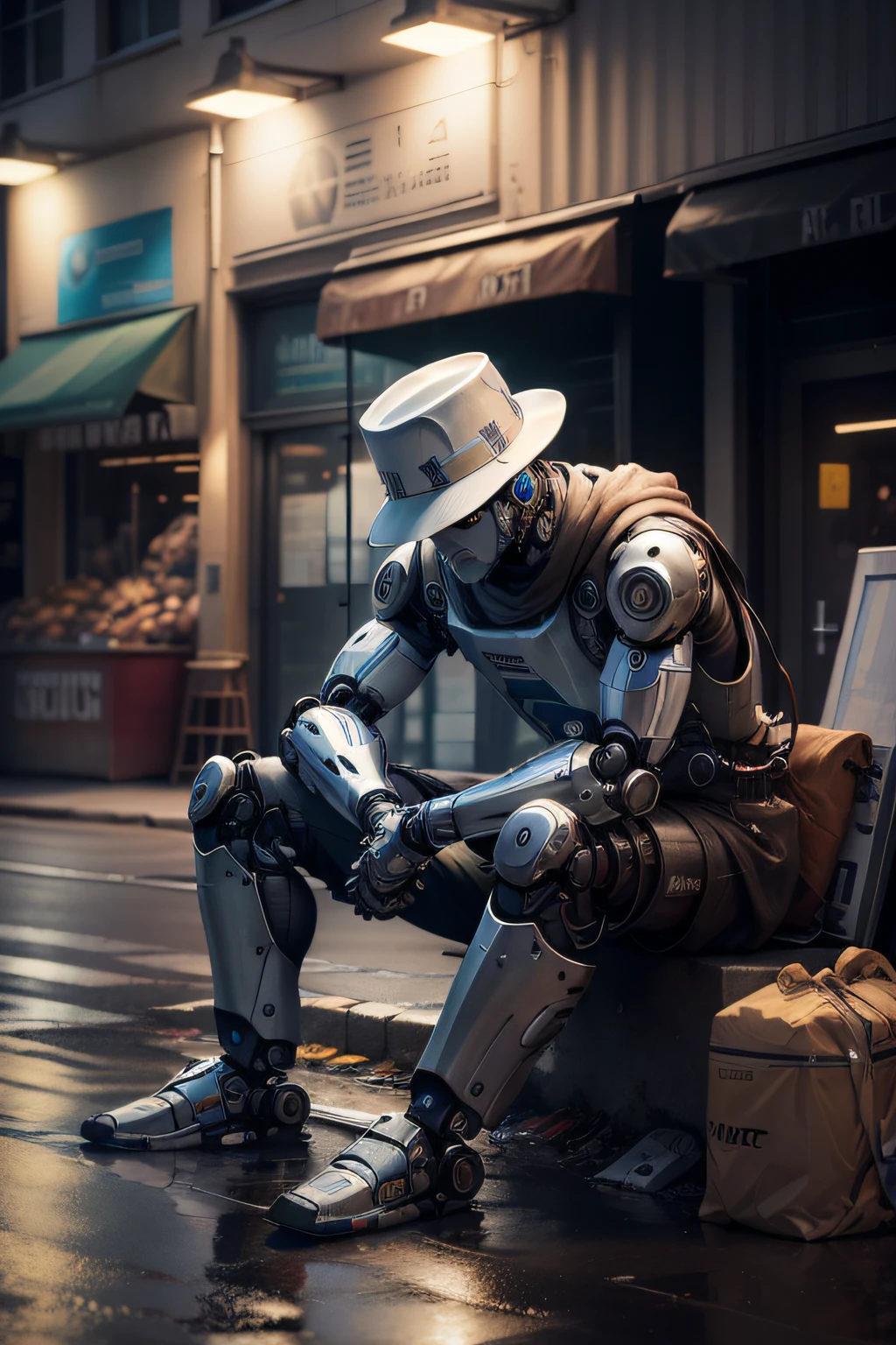 Homeless person sitting by the road, ((robotic arms)), water, {hat}, cinematic lighting, spotlights, best image quality, highest quality, masterpiece, photorealisticrobotic arms, (HDR)