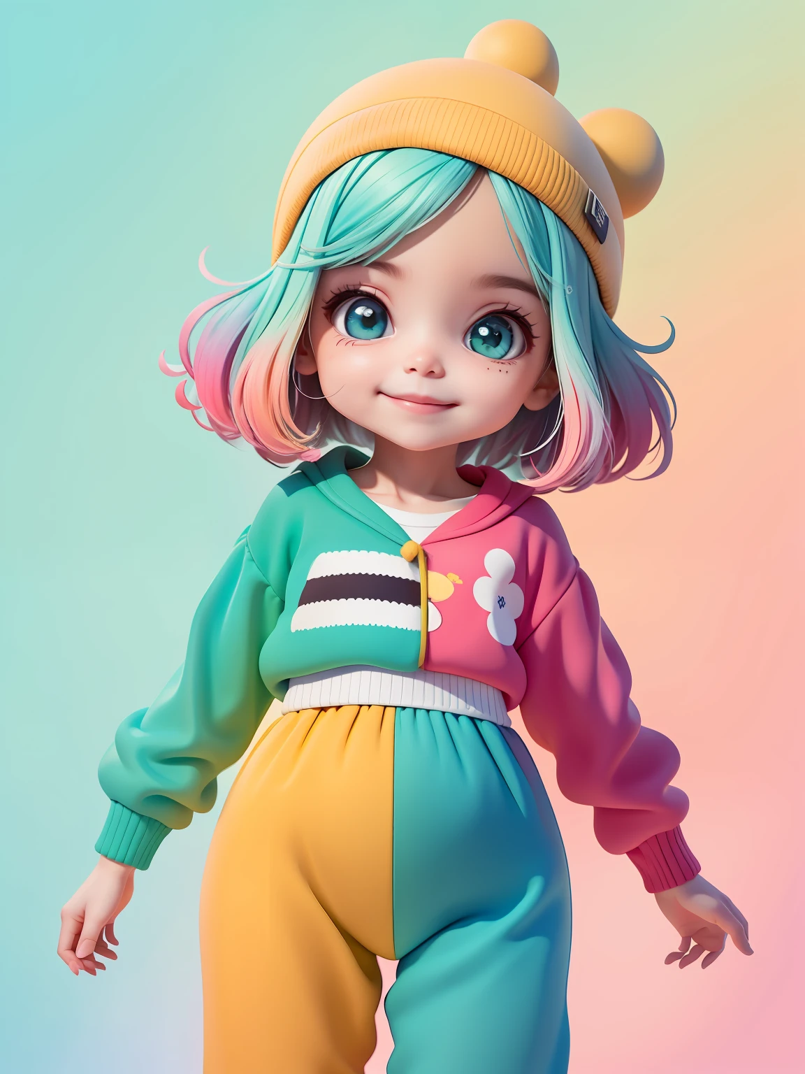 (obra-prima), (melhor qualidade), (ultra-detalhado), (corpo inteiro: 1.2) menina bonita e fofa, tema frutas, capuz, moletom colorido, Knitted jumpsuits, Pants, jaqueta, blusa, sorriso claro, corpo inteiro, :3, fundo tom pastel , colorido e simples.