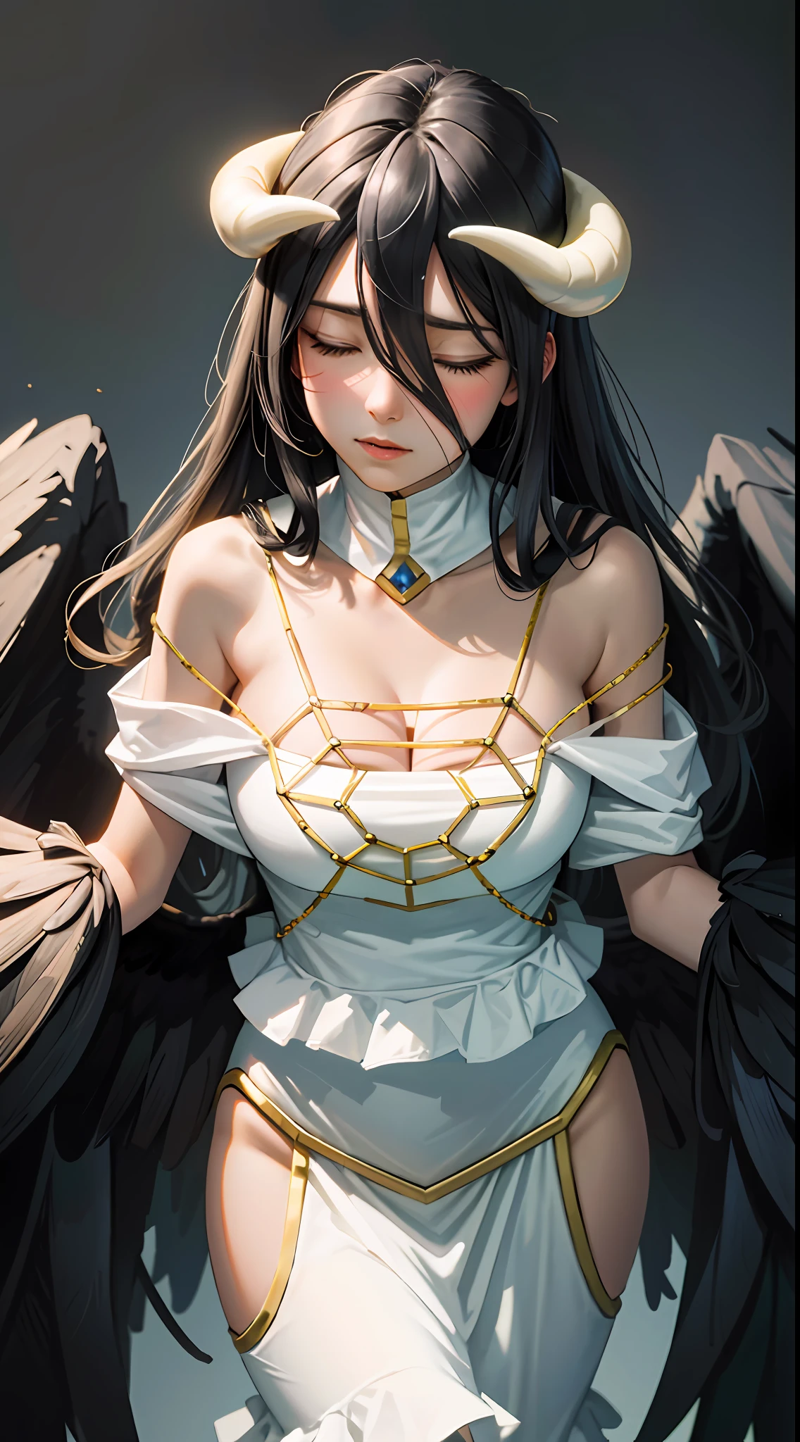 Masterpiece, Best quality, Ultra-detailed, illustration, epic lighting, Cinematic composition, isometry,(hexagons:1.2), 1girll, Horns, Solo, Yellow eyes, Black hair, Long hair, (Low wing:1.2), Pupil of the slit, cleavage, Bare shoulders, hair between eye, Medium breasts, (White dress:1.1), Golden decoration, Detached collar, view the viewer, Semi-closed Eyes, (view the viewer:1.1), parted lip, Blush, Black feathers fall, Arena, particle fx, (8K:1.1)，cleavage
