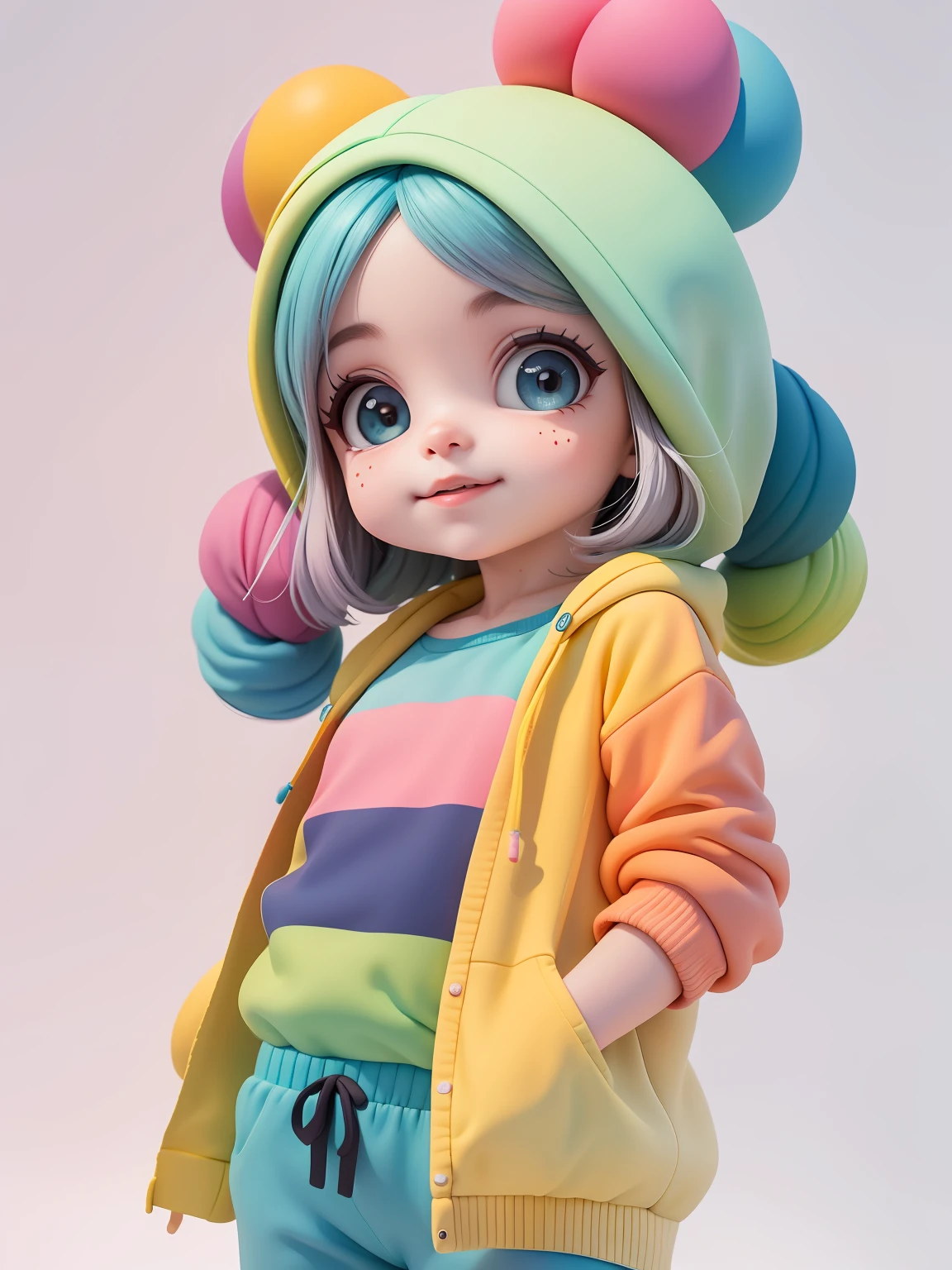 (obra-prima), (melhor qualidade), (ultra-detalhado), (corpo inteiro: 1.2) baby bonita e fofa, tema frutas, capuz, moletom colorido, Knitted jumpsuits, Pants, jaqueta, blusa, sorriso claro, corpo inteiro, :3, fundo tom pastel , colorido e simples.