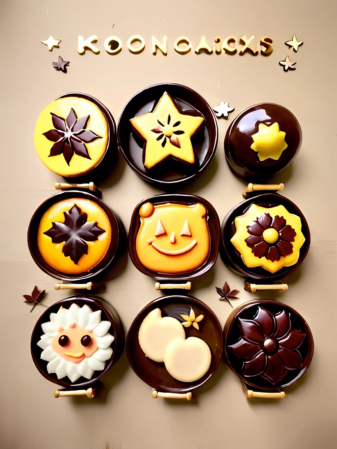 A close-up of a poster,Cookie stacking,Lantern Festival,Encaustic painting,Sunny Mountains,Confectionery,mid-autumn festival,Happy smiley face,seasons:blossoms,rays of sunshine,falling leaf,snowflower,Chiba Yuda。