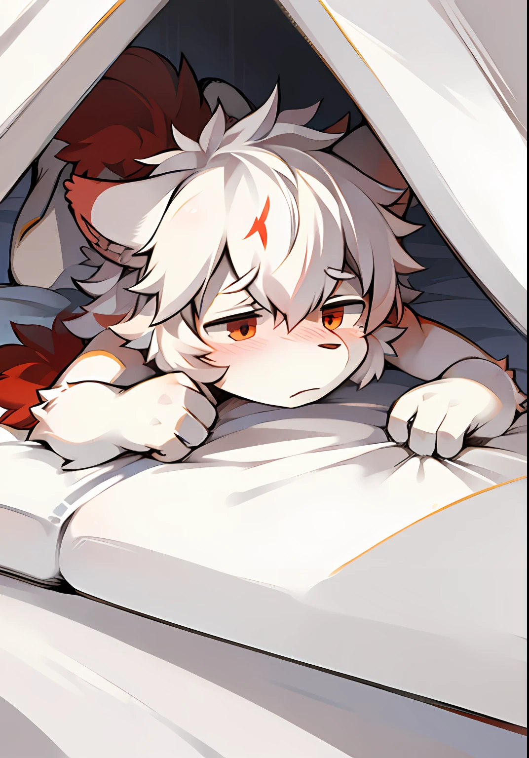 shaggy,white colors,is shy,male people,lying down,Be red in the face,terrifed