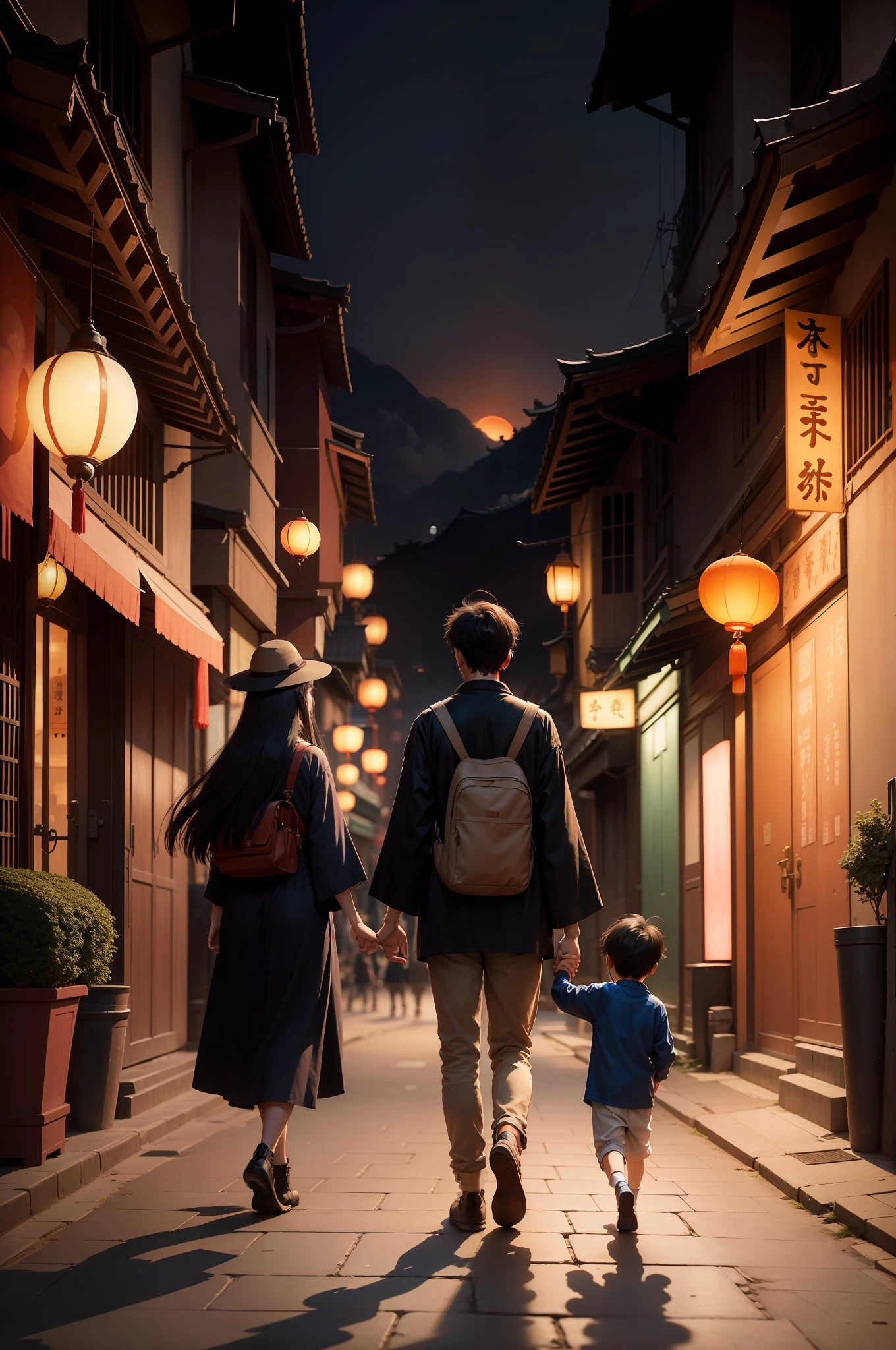 There were two people and a boy on the street, Hand in hand,Woman with long hair,Short hair for men,dreamy Chinese towns, In the setting sun,in style of hayao miyazaki,sky cities,Sky sunset,Clouds,8K, Sunset lanterns,voluminetric lighting